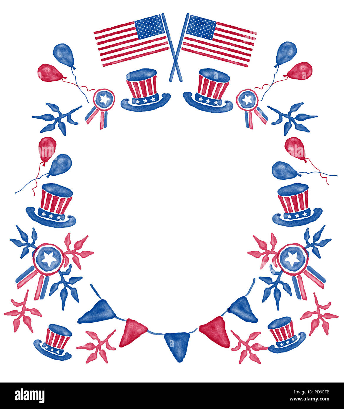 Aquarelle numérique frontière, couronne, avec place pour citer avec thème de 4e de juillet et USA drapeaux, ballons, pour la Journée de l'Indépendance Américaine Banque D'Images