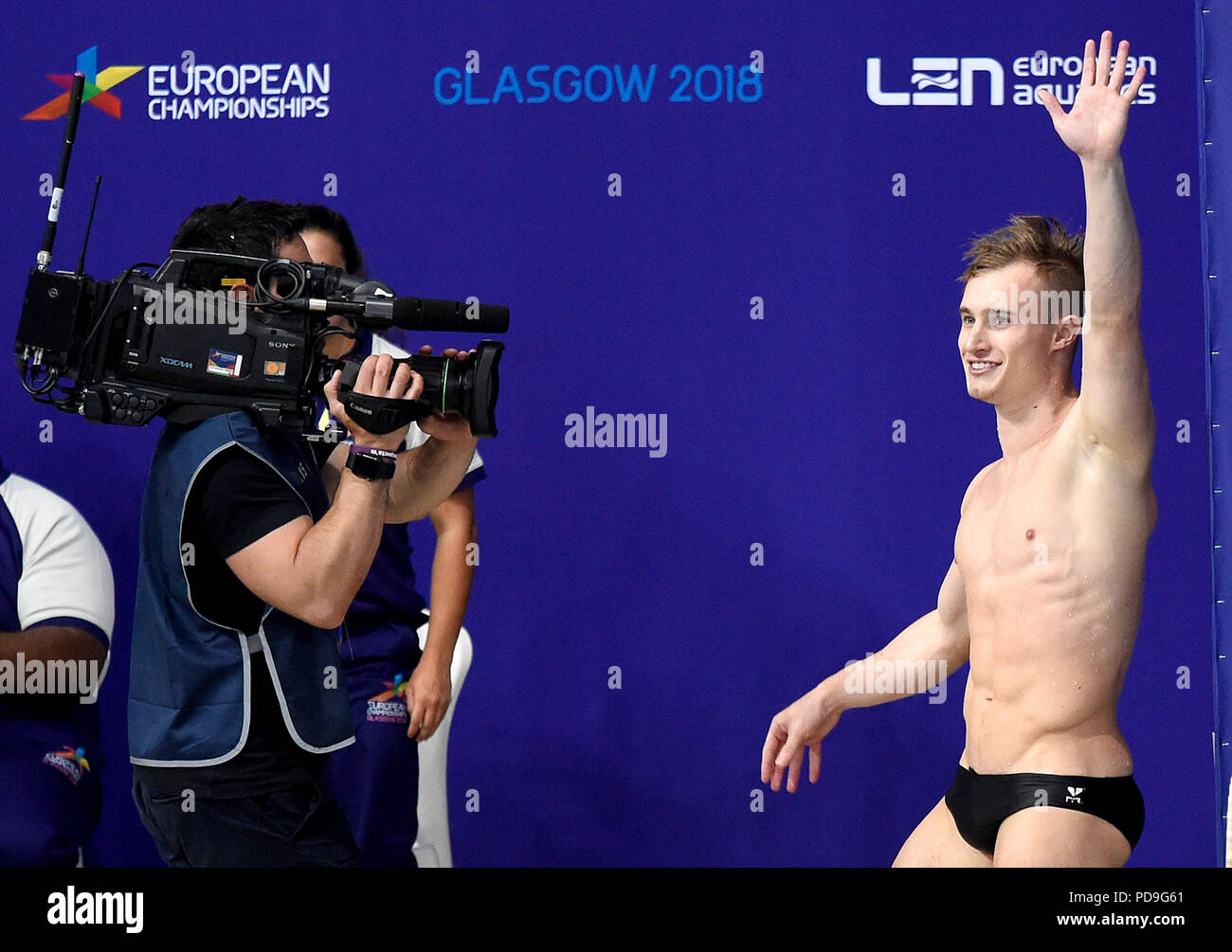 Jack la Grande-Bretagne célèbre rire après le Men's 1m Finale tremplin au cours de la sixième journée des Championnats d'Europe 2018 à Scotstoun Sports, Glasgow. Banque D'Images