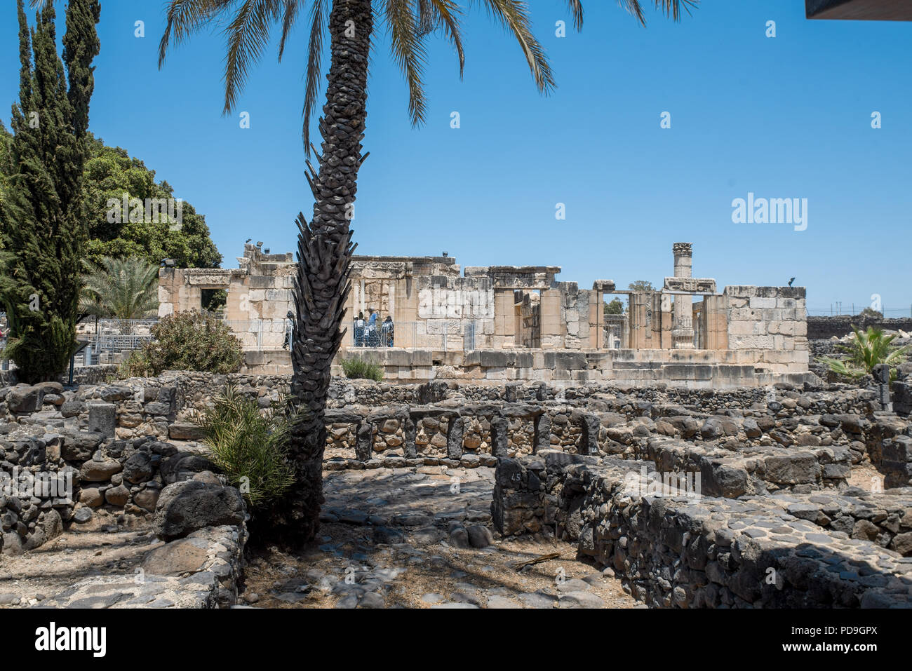 La synagogue blanche calcaire sur les ruines du village de basalte sombre Capharnaüm, sur les bords de la mer de Galilée, où Jésus et St Pete Banque D'Images