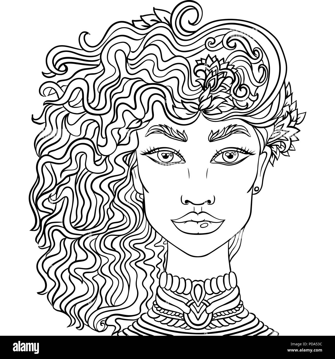 Hand drawn doodle girl sur fond blanc. Portrait de femmes adultes pour livre à colorier. Illustration de Vecteur