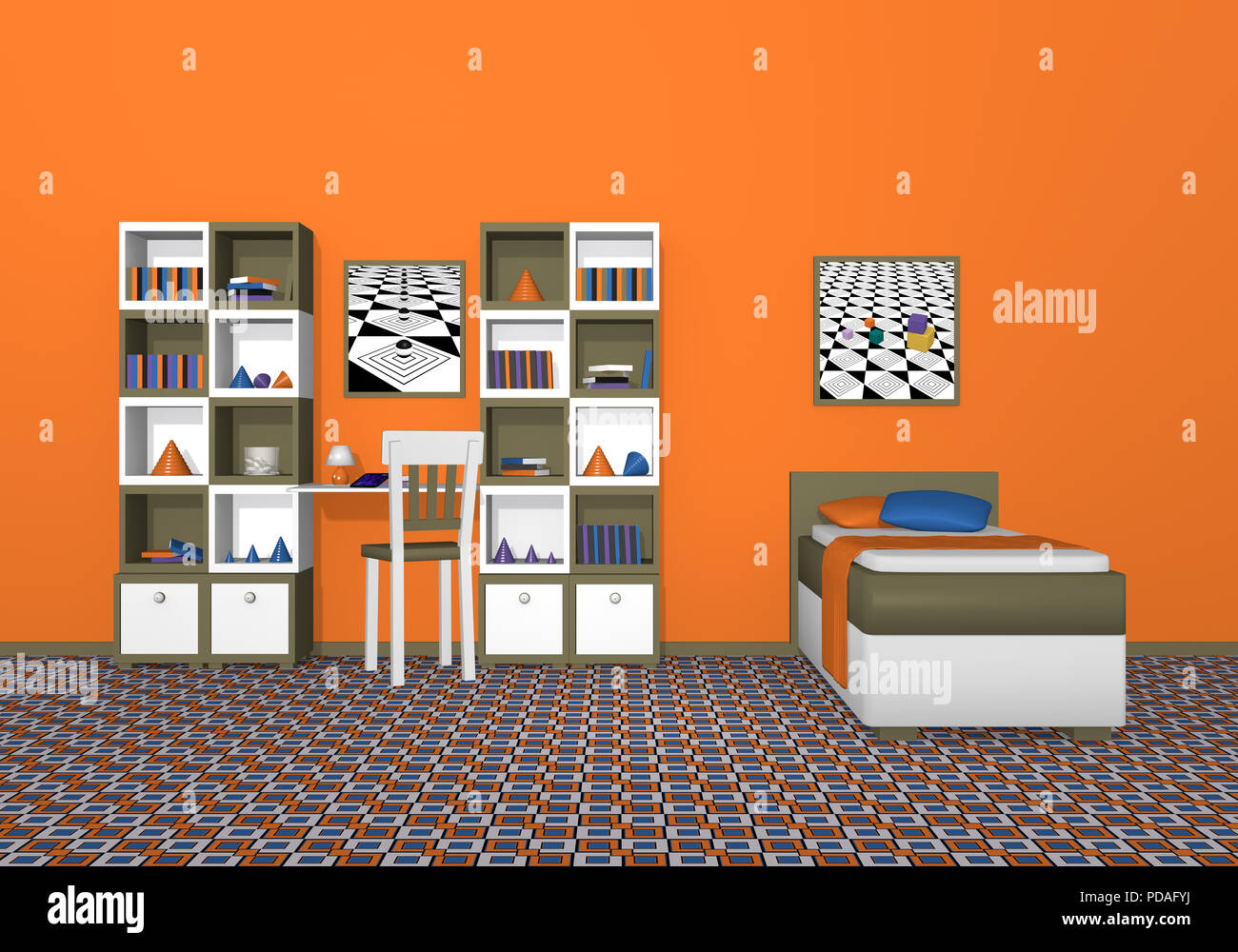 Salle des jeunes en blanc-vert-olive, avec de forts prix couleurs. À partir de la vue de face. 3D render Banque D'Images Salle des jeunes en blanc-vert-olive, avec de forts prix couleurs. À partir de la vue de face. 3D render Banque D'Images