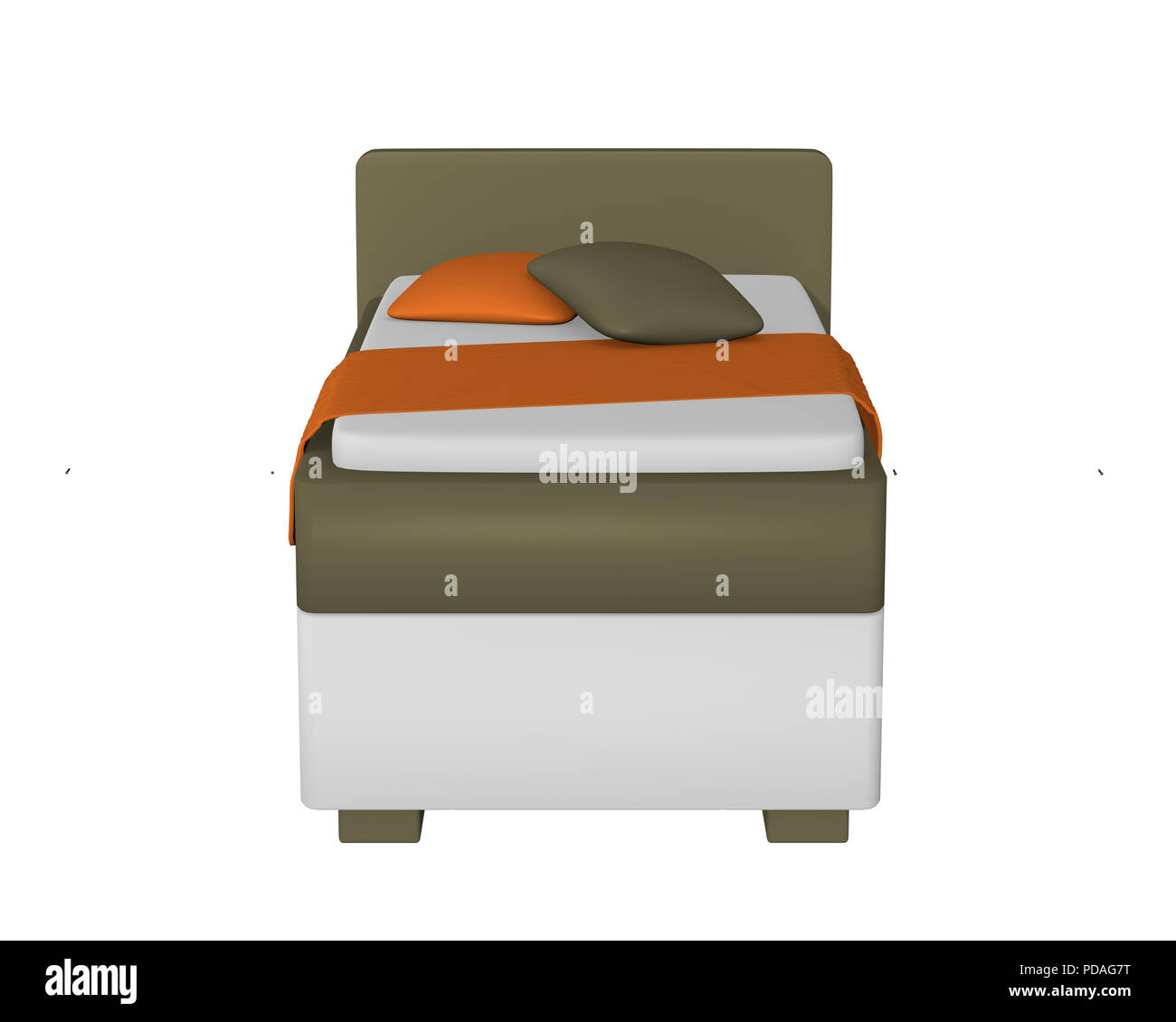 Lit simple en blanc - vert olive, avec décorations isolé sur blanc de vue avant. 3D render Banque D'Images Lit simple en blanc - vert olive, avec décorations isolé sur blanc de vue avant. 3D render Banque D'Images