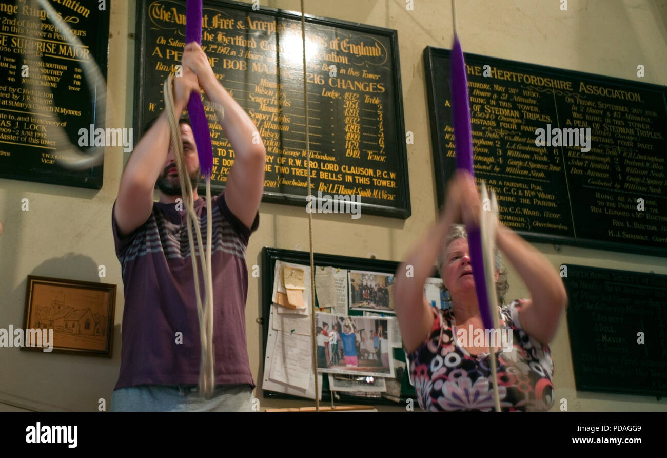 Sonneurs de sonner les cloches à l'église St Mary, en Amérique du Mymms, la Grande-Bretagne le 28 juillet 2018. Photographie de John Voos/TSL Banque D'Images