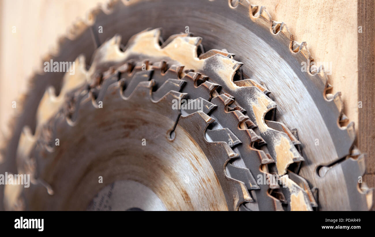 Close up of a de nombreuses lames de scie circulaire en métal de tailles différentes sur un fond de bois en atelier Banque D'Images