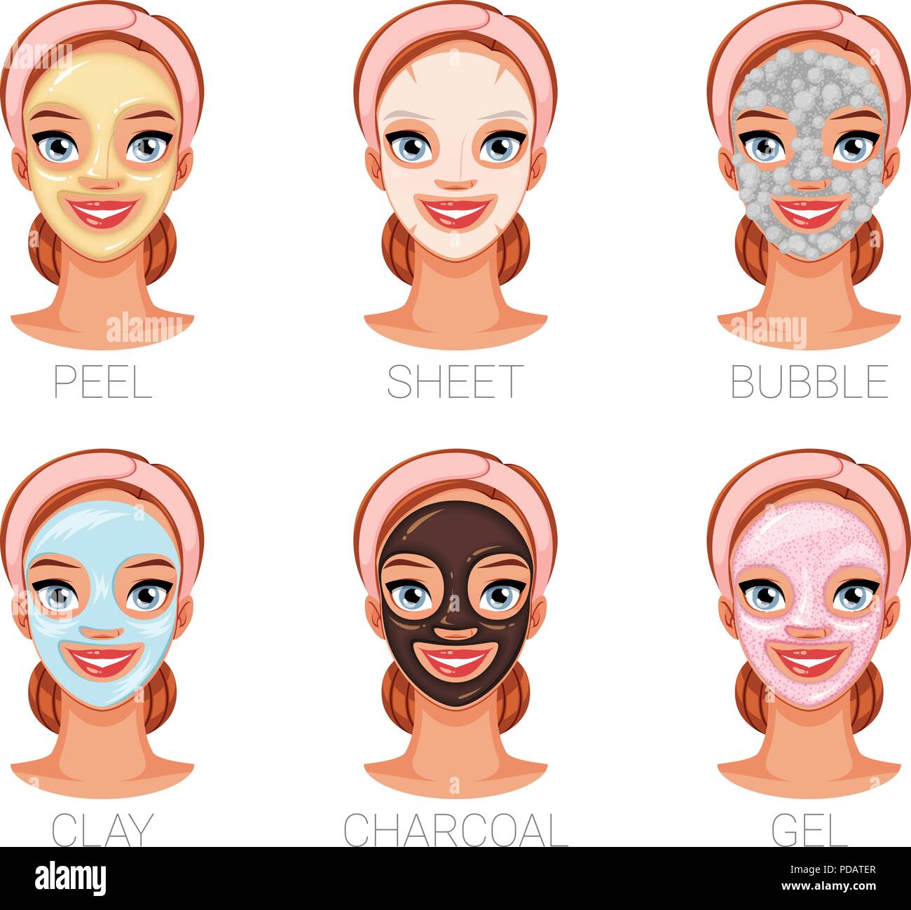 Femme avec différents masques de beauté du visage. Série d'illustrations vectorielles isolé sur fond blanc. Illustration de Vecteur