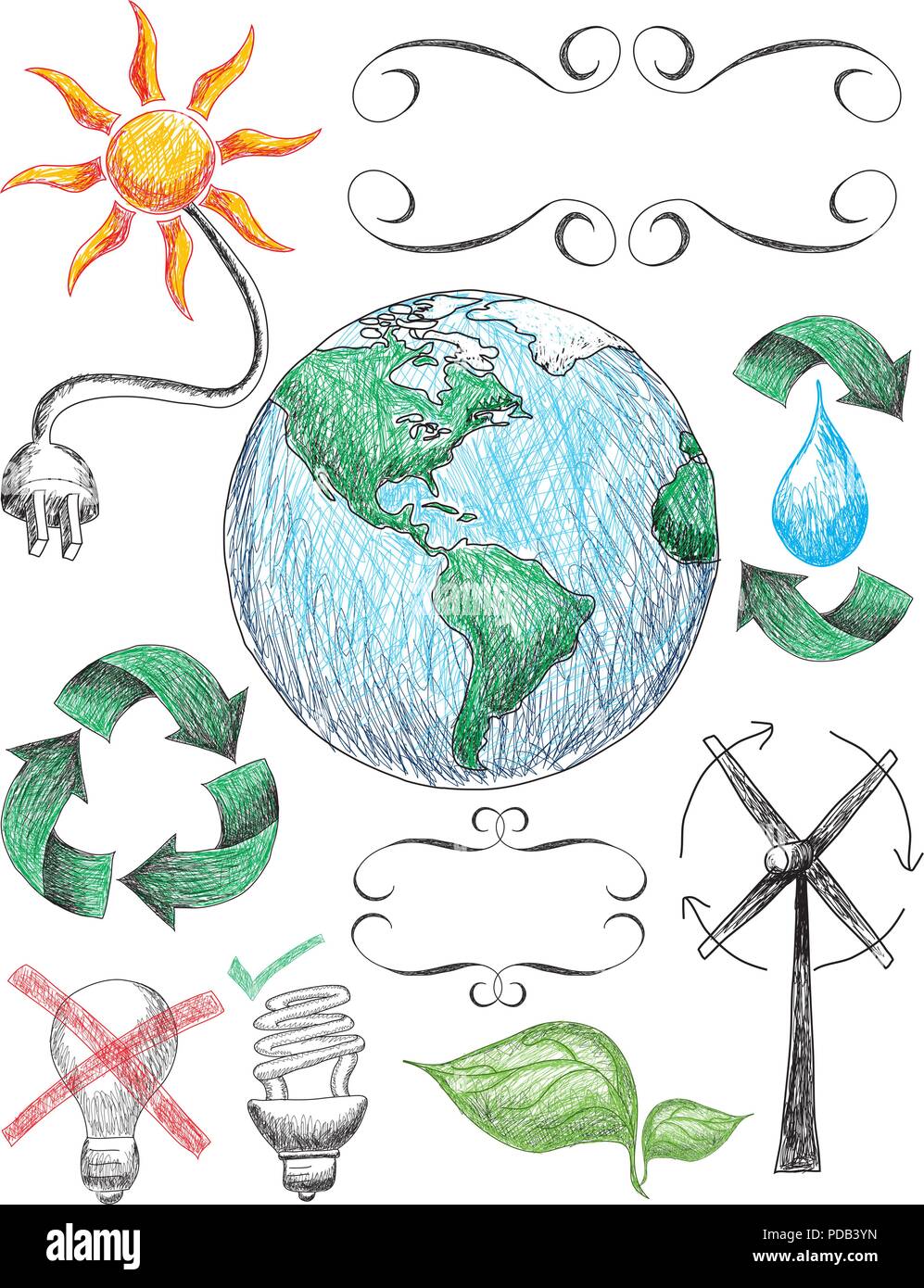 Le recyclage et la conservation doodles Illustration de Vecteur