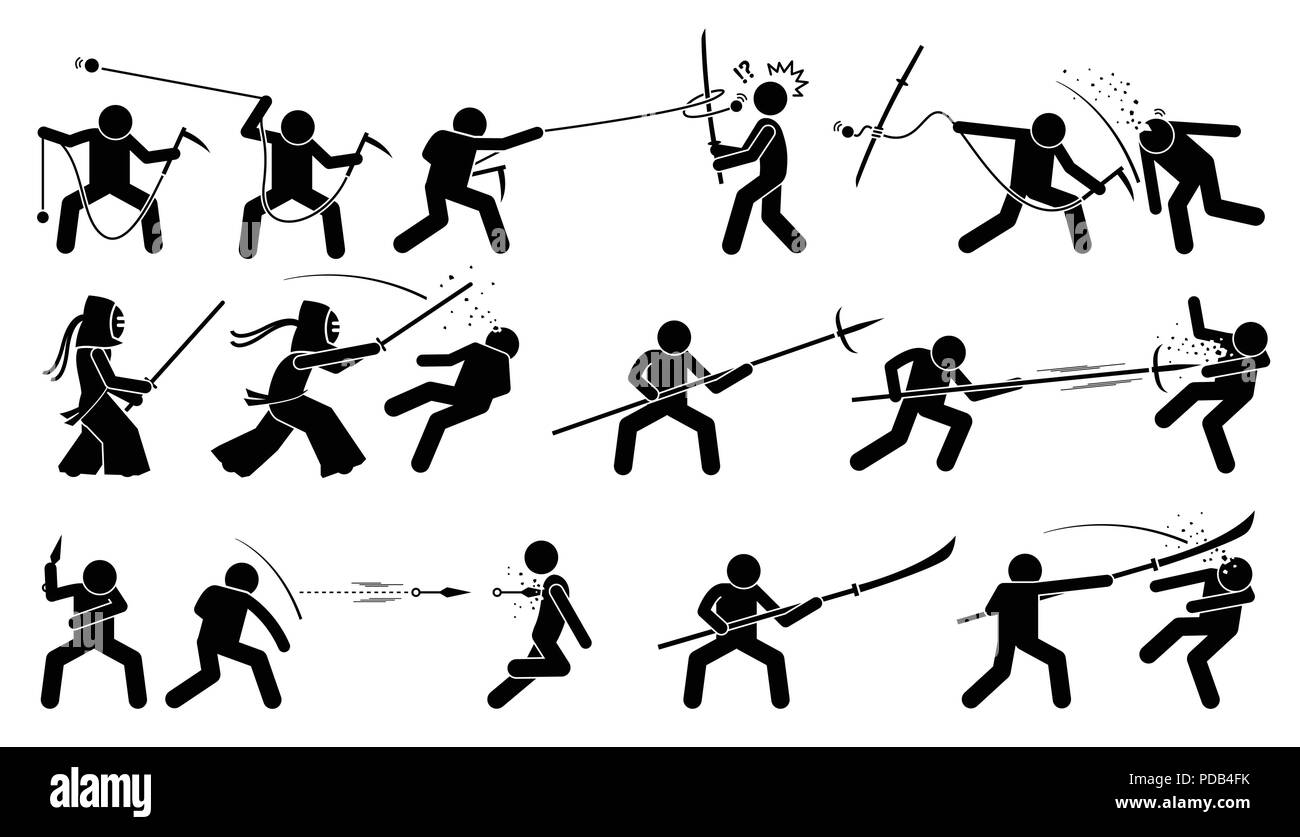 L'homme attaque adversaire traditionnel japonais avec des armes de combat de mêlée. Illustration de Vecteur