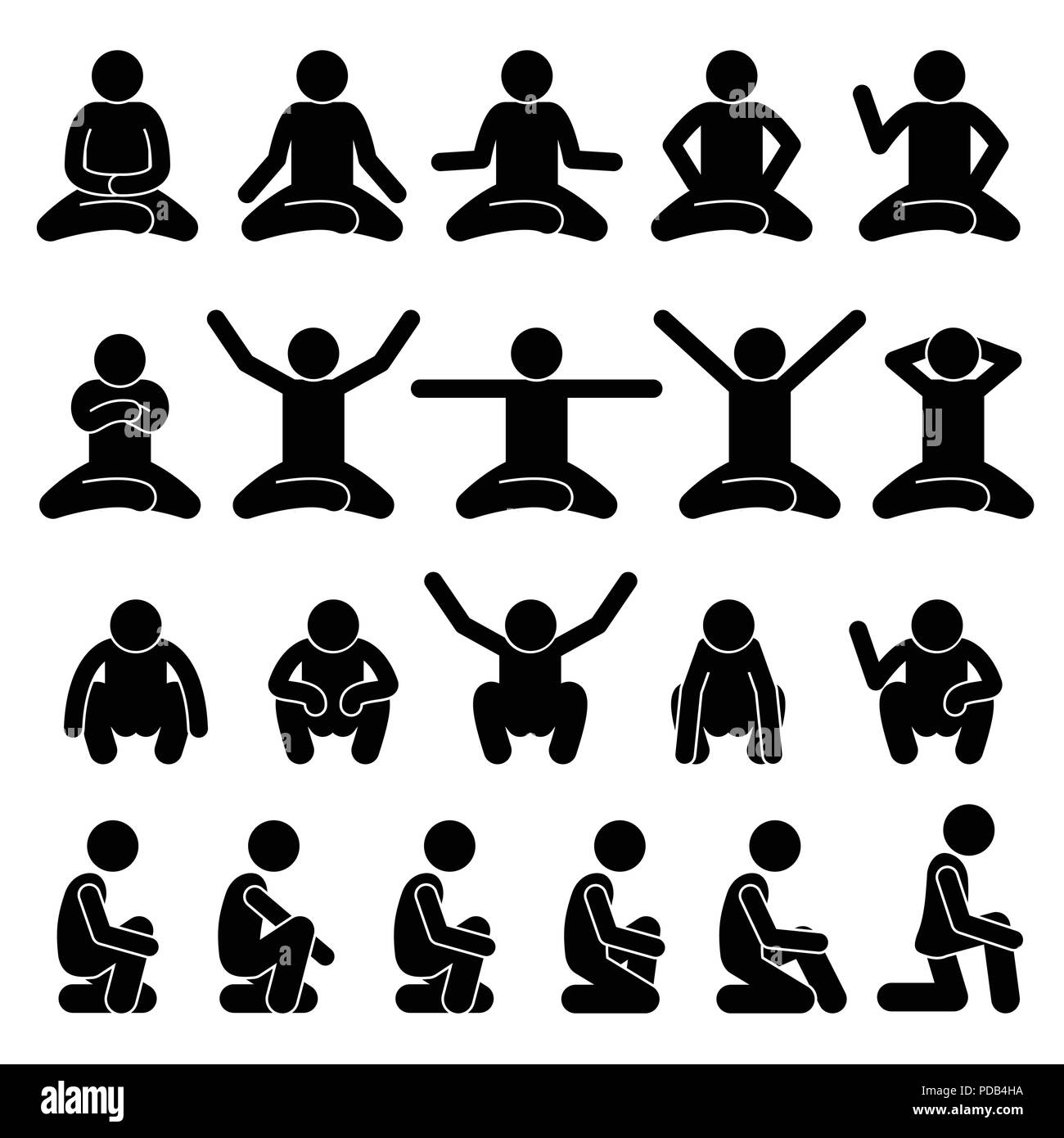 Les droits de l'homme gens assis et s'accroupissant sur le sol pose des postures Stick Figure Stickman Icônes pictogramme Illustration de Vecteur