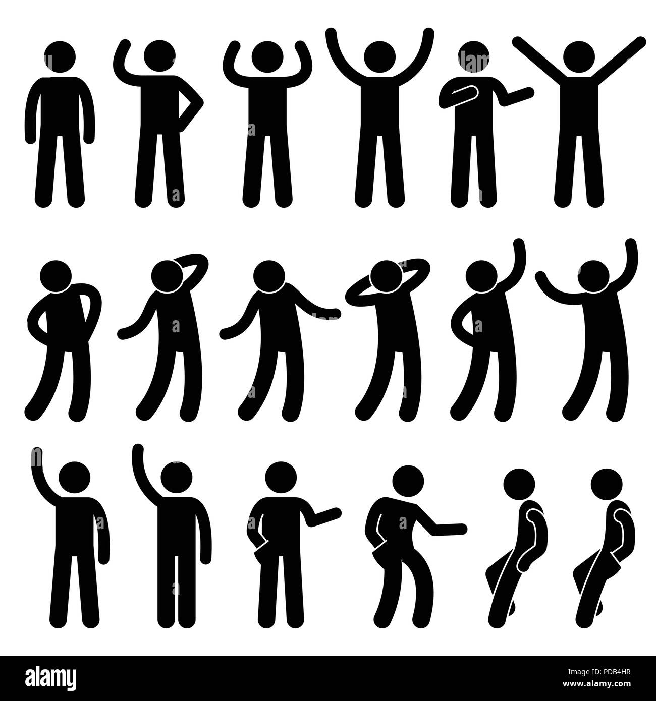 Diverses postures debout pose les droits de l'homme gens Stick Figure Stickman Icônes pictogramme Illustration de Vecteur