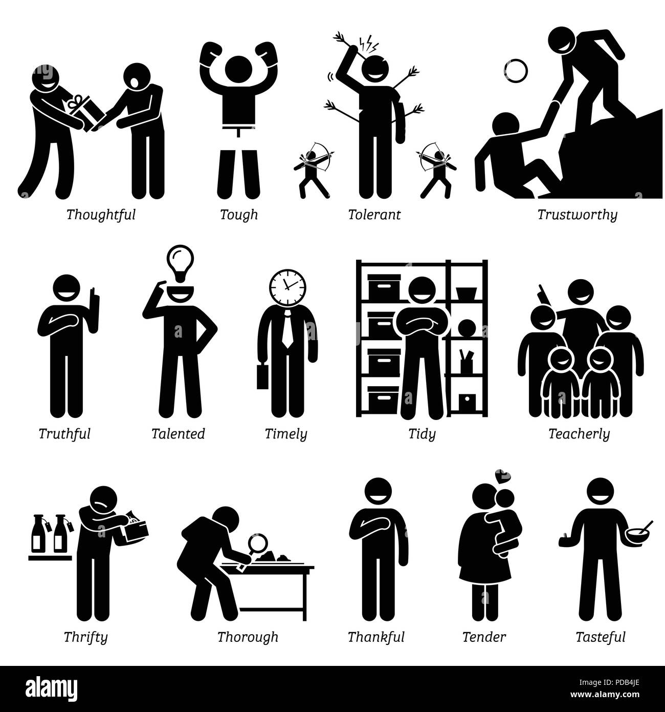 Personnalités positives Traits de caractère. Figures bâton homme d'icônes. En commençant par l'Alphabet T. Illustration de Vecteur