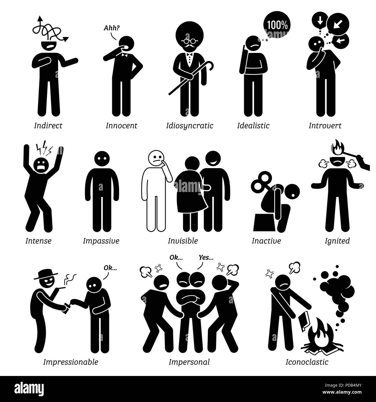 Personnalités neutres de traits de caractère. Figures bâton homme d'icônes. En commençant par l'Alphabet I. Illustration de Vecteur