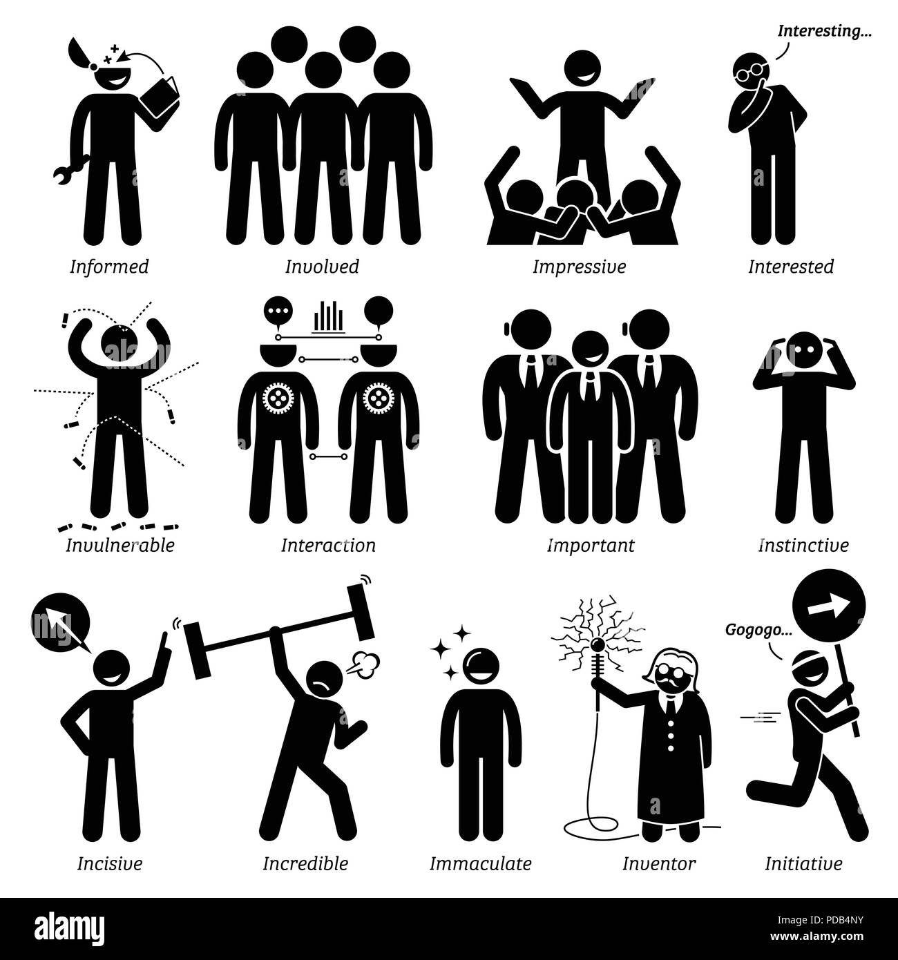 Personnalités positives Traits de caractère. Figures bâton homme d'icônes. En commençant par l'Alphabet I. Illustration de Vecteur