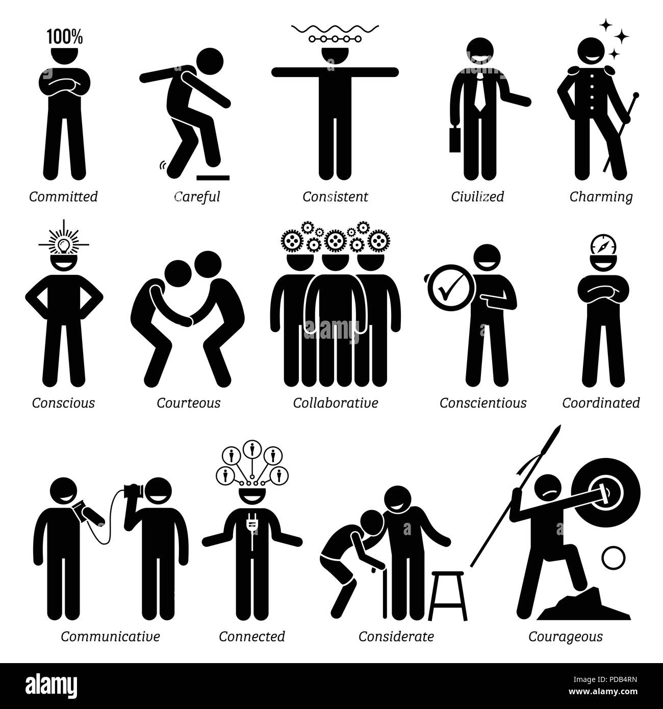 Personnalités positives Traits de caractère. Figures bâton homme d'icônes. En commençant par l'Alphabet ch. Illustration de Vecteur