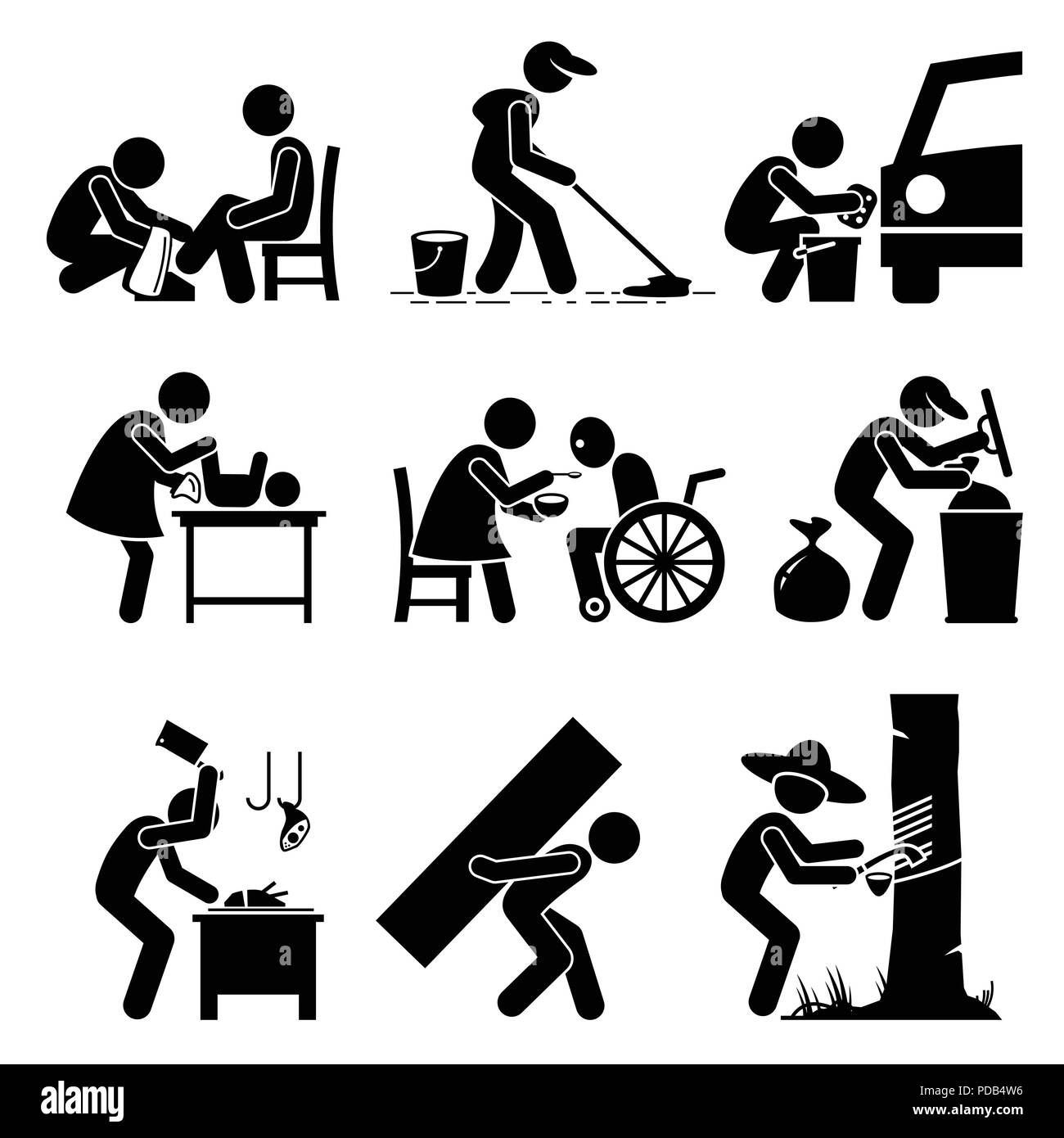 Petits travaux - Service de Cireur, JANITOR, lavage de voiture, garde d'enfants, soins aux personnes âgées, Garbage Collector, Boucher, travail dur, et le caoutchouc Tapper - Stick Figure les pictogrammes Illustration de Vecteur