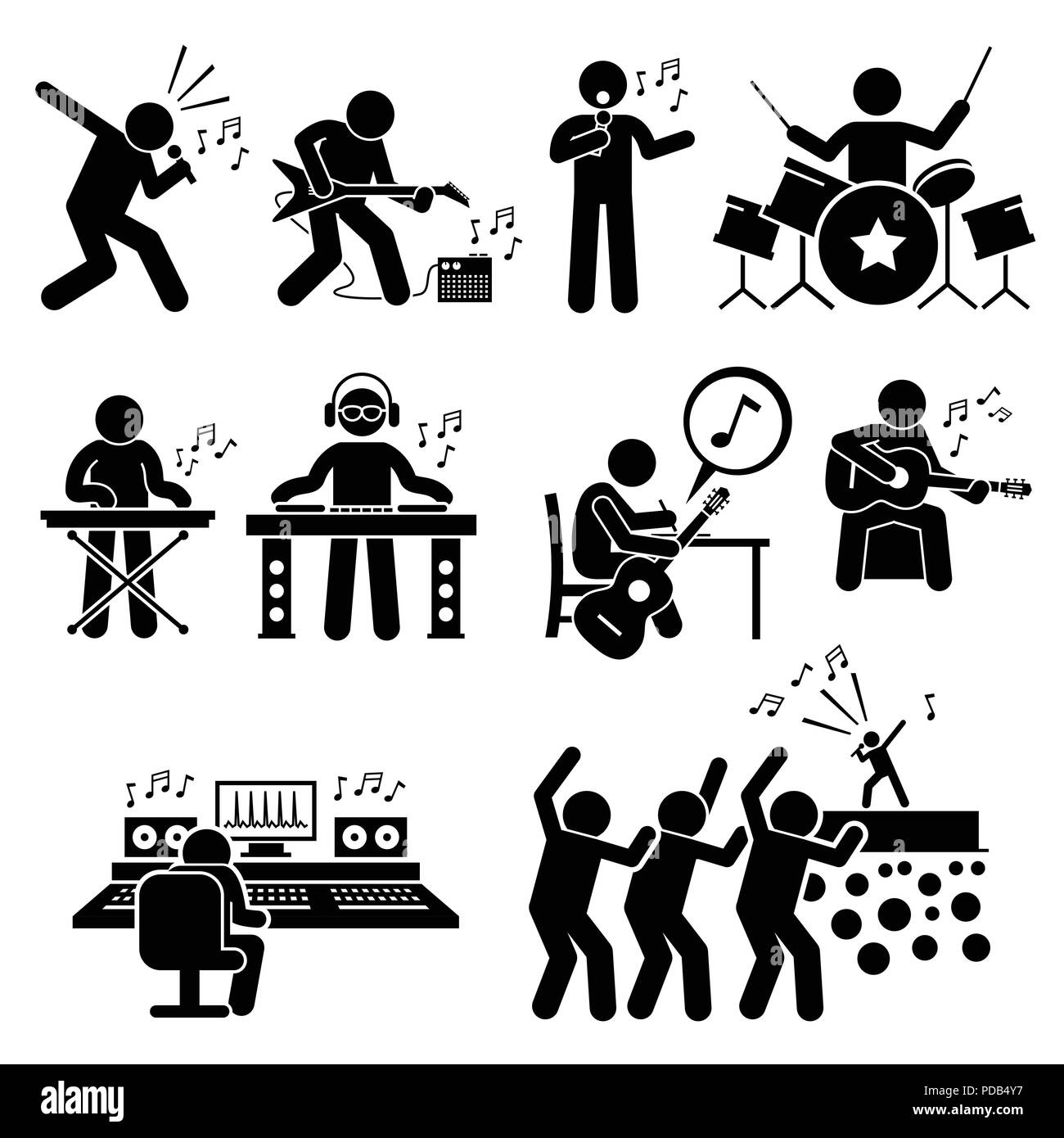 Musicien de Rock Star artiste de musique avec des instruments de musique Stick Figure Icônes pictogramme Illustration de Vecteur