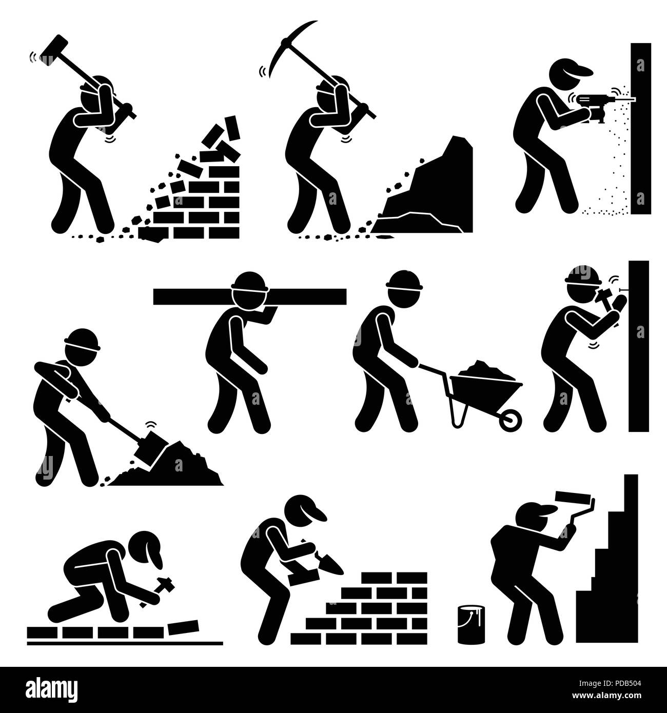 Constructeurs constructeurs de maisons Construction Travailleurs avec des outils et équipements at Construction Site Illustration de Vecteur