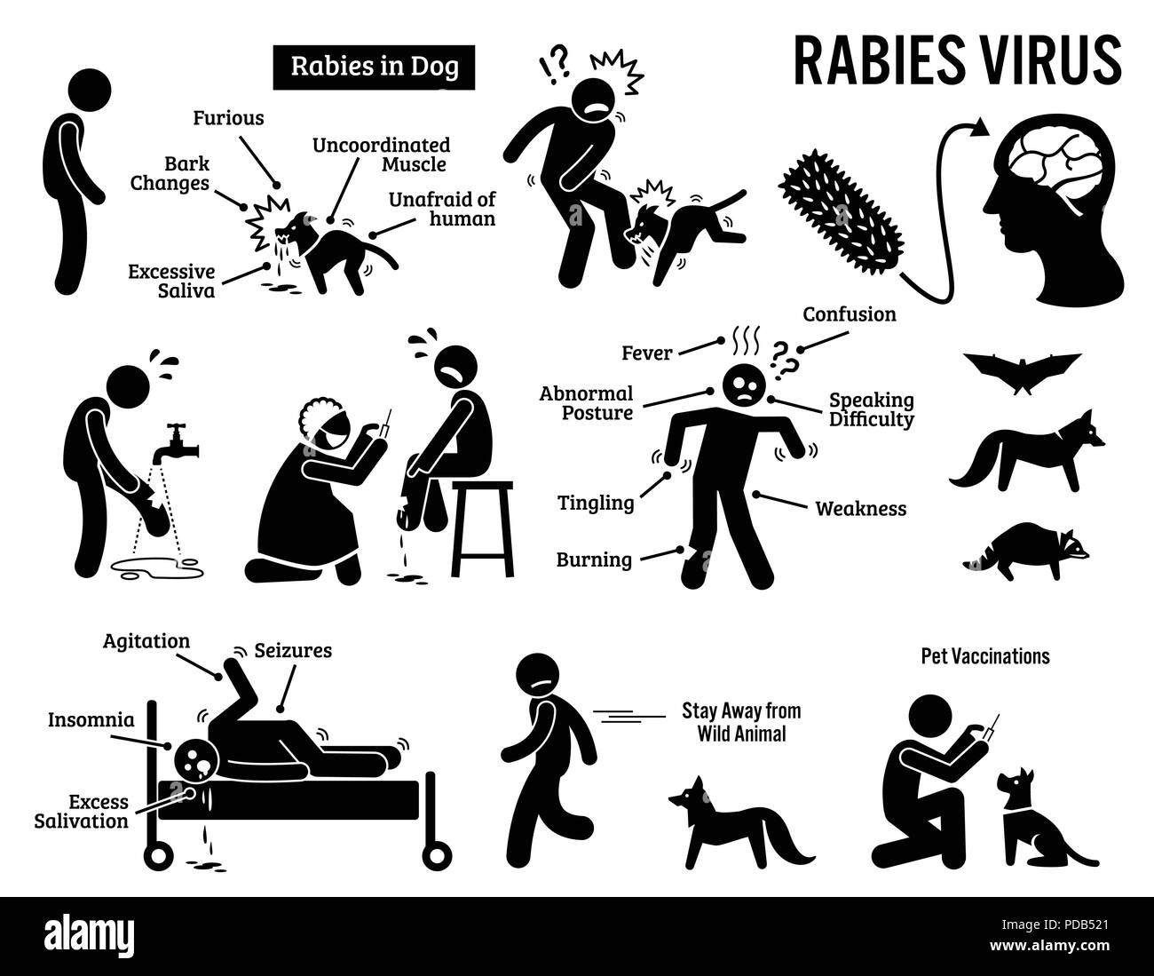 Virus de la rage humaine et animale en Stick Figure Icônes pictogramme Illustration de Vecteur