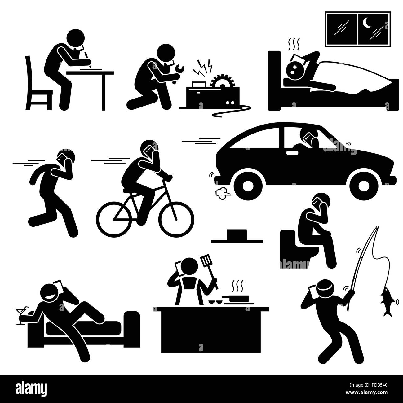 Talking on Cellphone téléphone tout en faisant quelque chose Stick Figure Icônes pictogramme Illustration de Vecteur