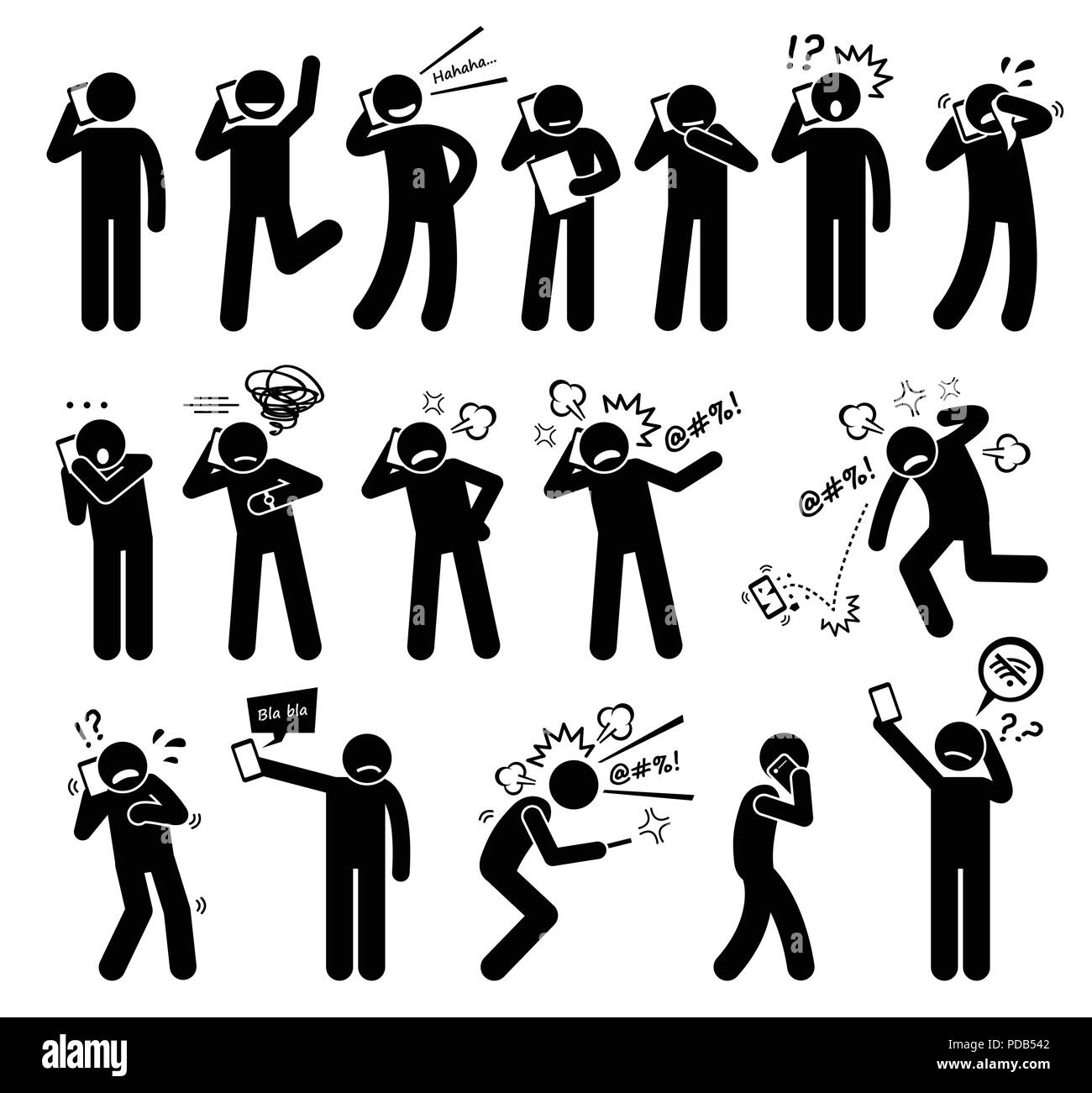 Expressions de sentiments émotions pendant que les gens l'utilisation d'un cellulaire Stick Figure Icônes pictogramme Illustration de Vecteur
