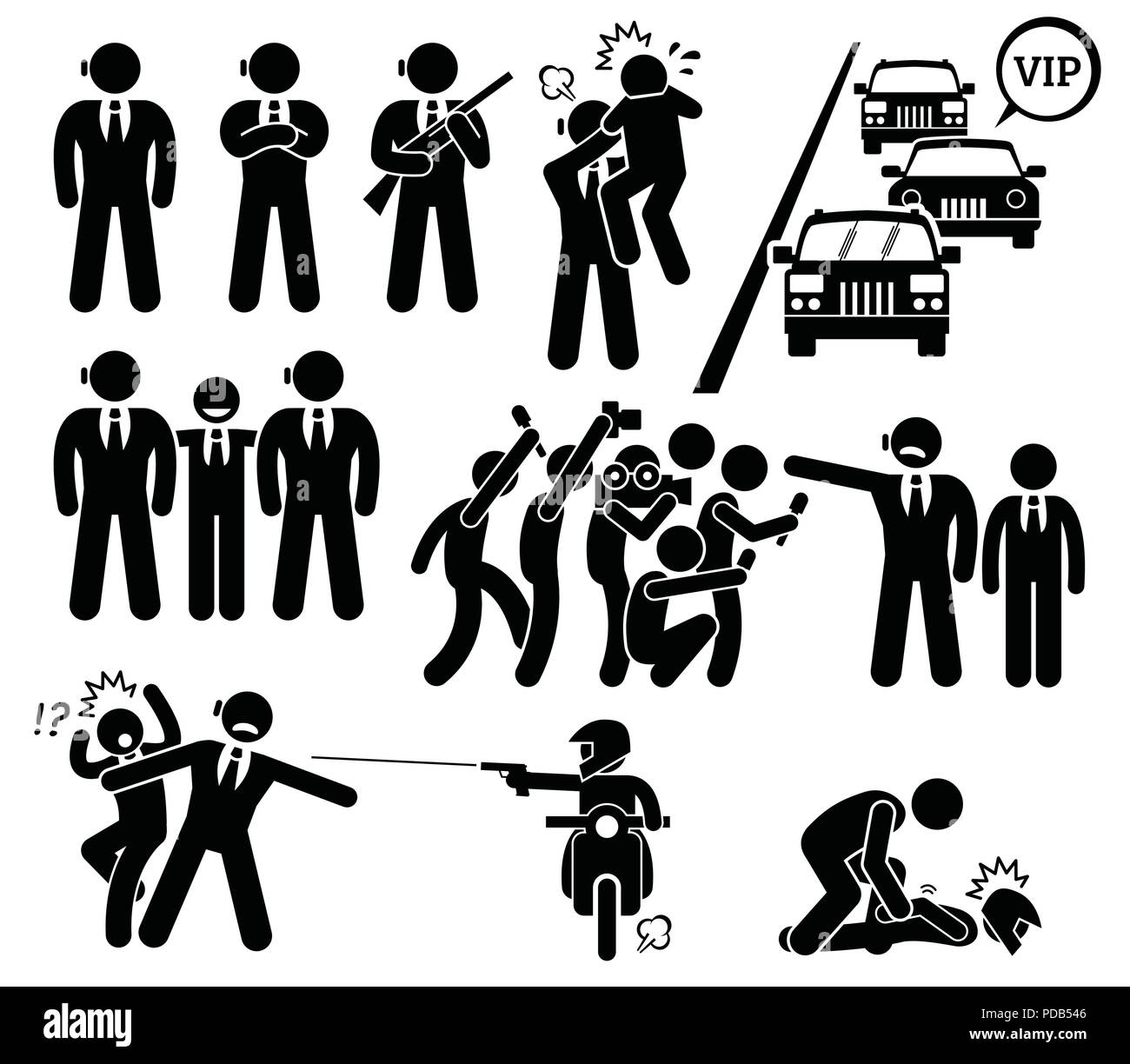 La protection rapprochée de VIP Patron Paparazzi et Killer Stick Figure Icônes pictogramme Illustration de Vecteur