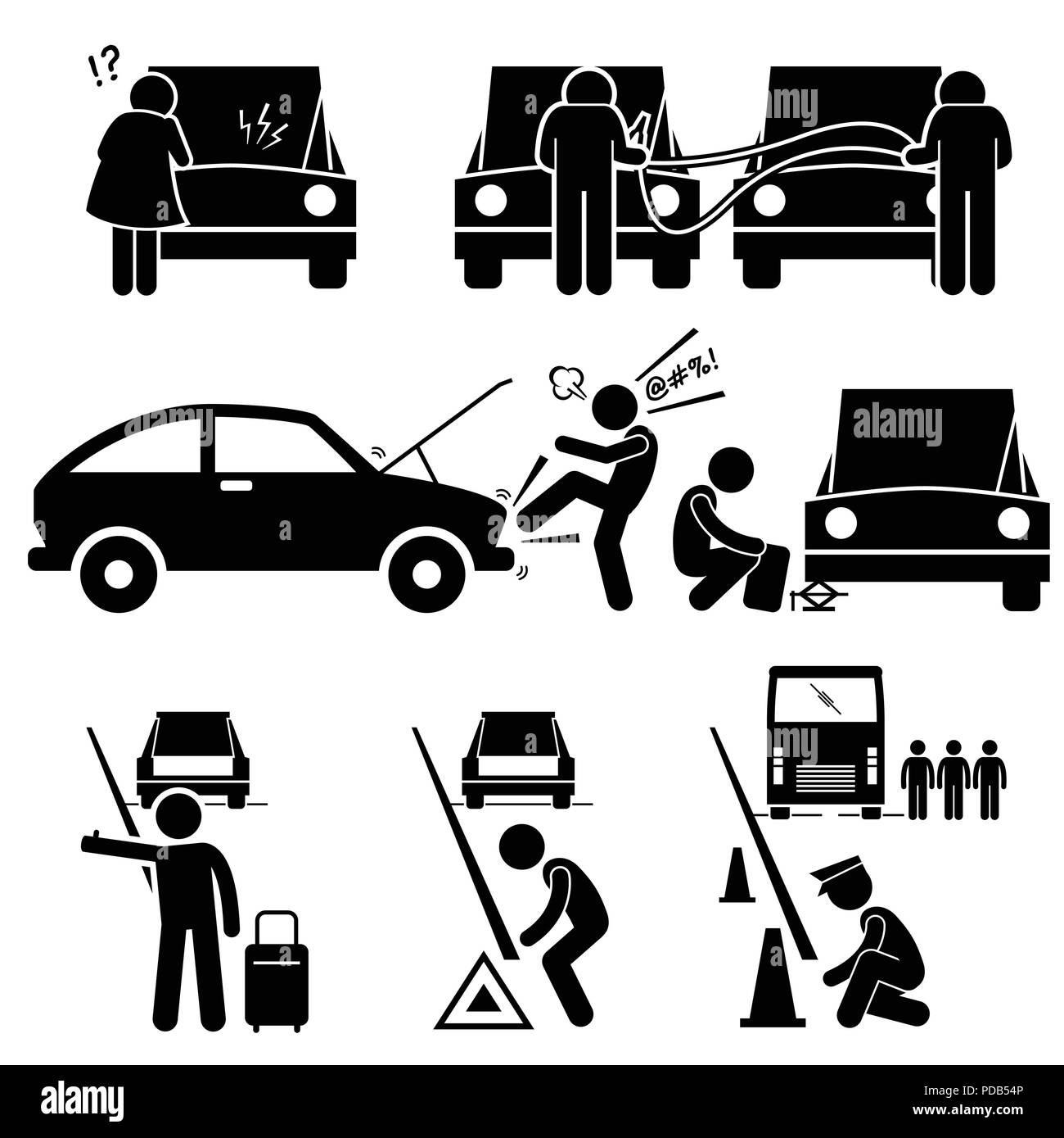 La fixation d'une panne de voiture en panne au bord de la réparation Stick Figure Icônes pictogramme Illustration de Vecteur