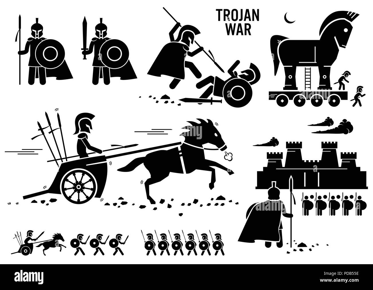 Cheval de guerre de Troie Troy guerrier grec Rome Spartan Sparta Stick Figure Icônes pictogramme Illustration de Vecteur
