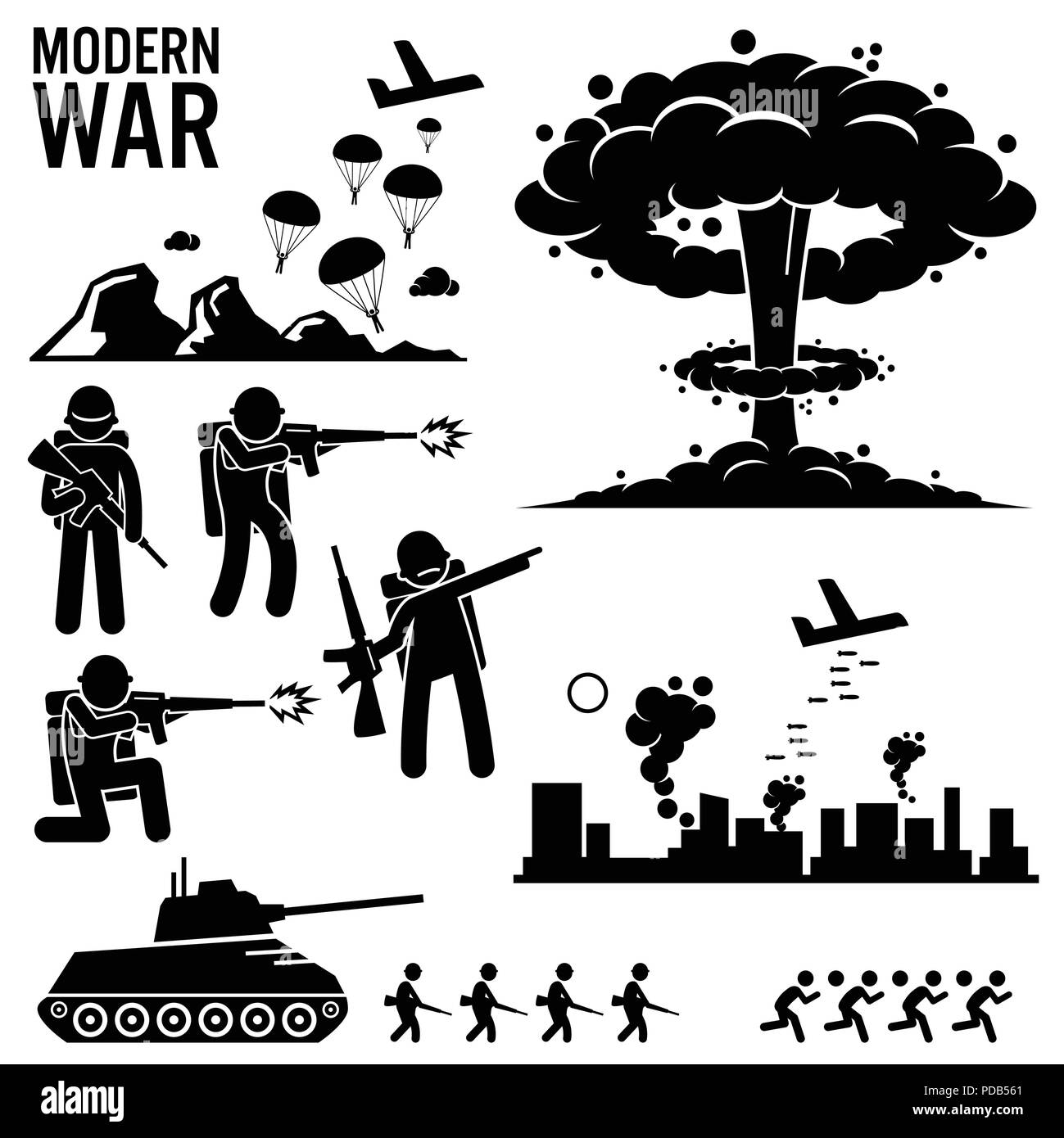La guerre moderne guerre Soldat bombe nucléaire attaque réservoir Stick Figure Icônes pictogramme Illustration de Vecteur