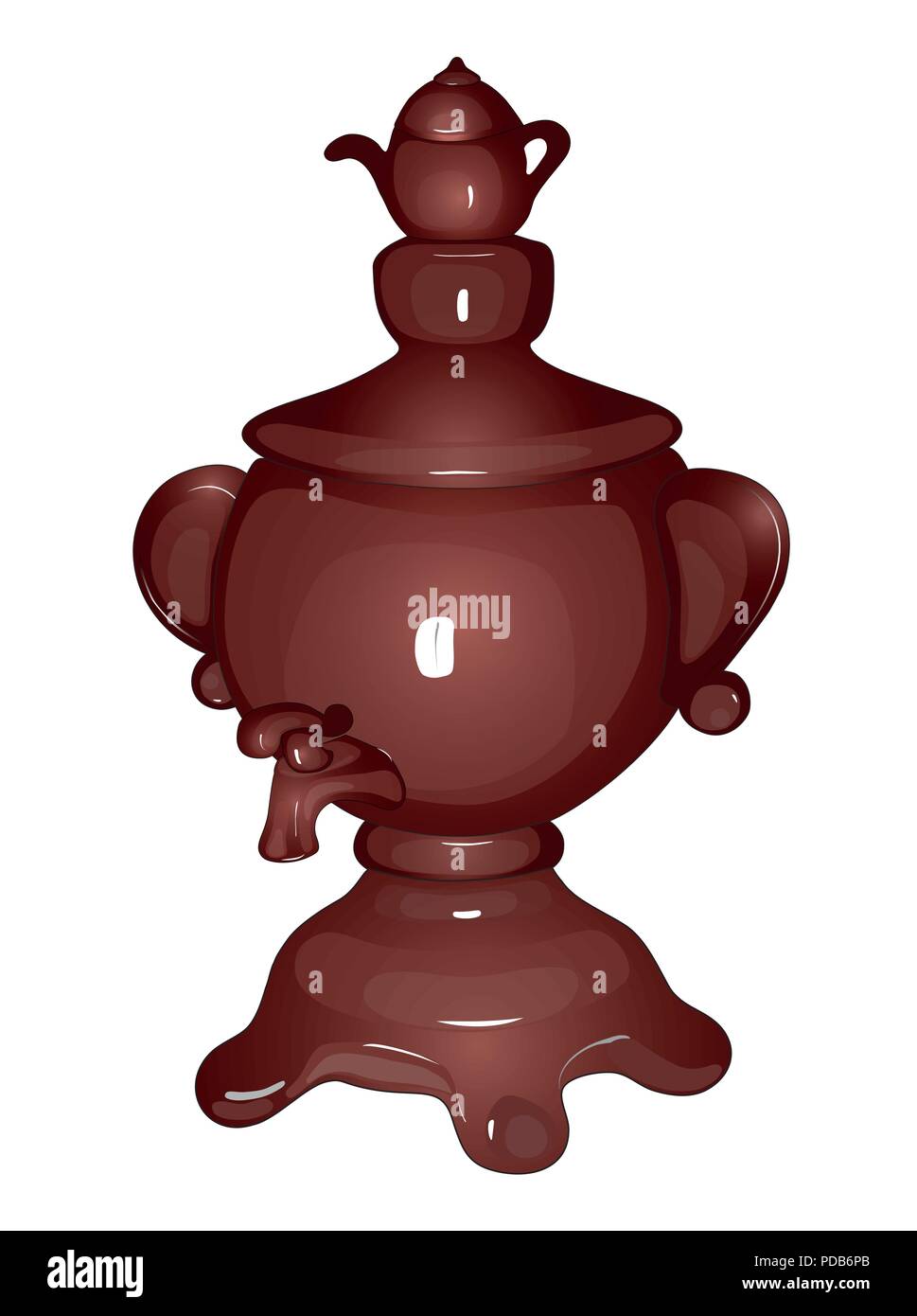 Dessin réaliste d'un samovar céramique. Russe, samovar traditionnel, ustensiles à boire, isolé, blanc, Vector. 3 Illustration de Vecteur