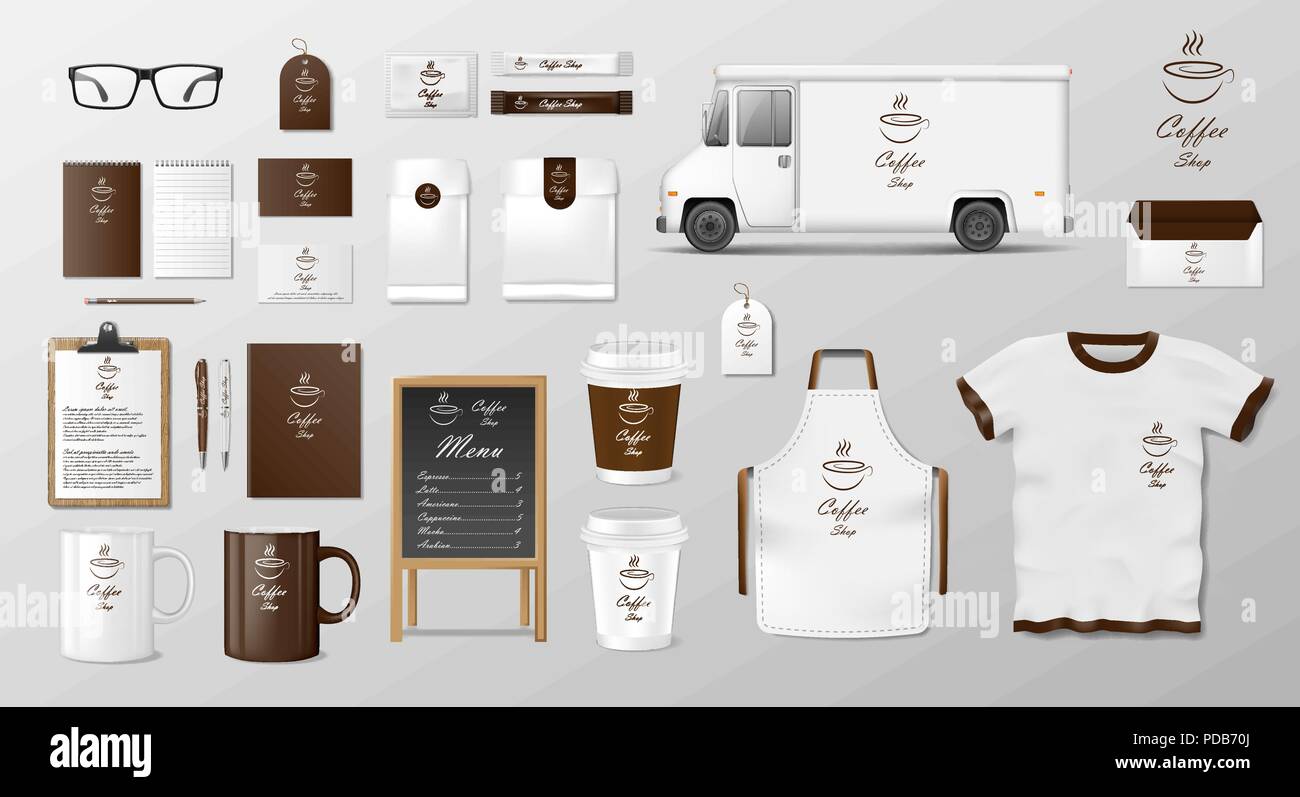 Ensemble de maquettes de coffee shop, café ou restaurant. Emballage alimentaire café pour l'identité d'entreprise design publicitaire. Série réaliste de carton, enveloppe, cup, pack, shirt, menu et van Illustration de Vecteur