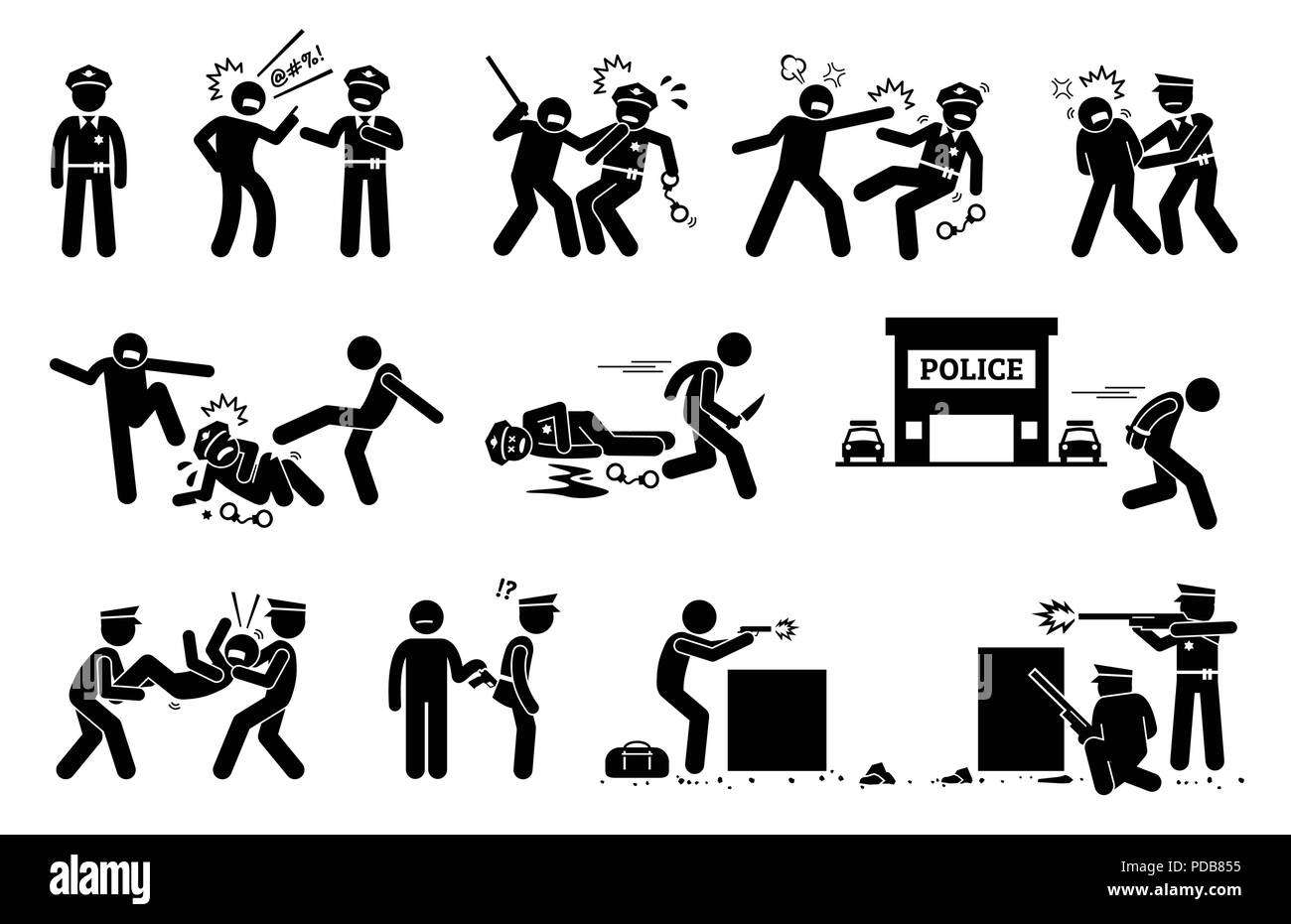 L'homme, la lutte contre l'obstruction, et s'opposer à l'arrestation par la police. Le pictogramme représente une menace criminelle la loi et l'ordre de la justice par des voies de policier. Illustration de Vecteur