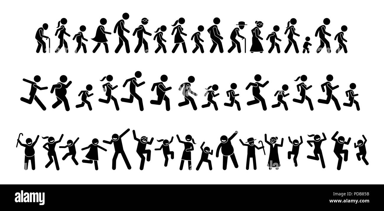 Beaucoup de gens marcher, courir et danser ensemble. Pictogramme figures bâton représente un grand nombre de personnes de jeunes aux vieux marche, marathon, et à faire la fête Illustration de Vecteur