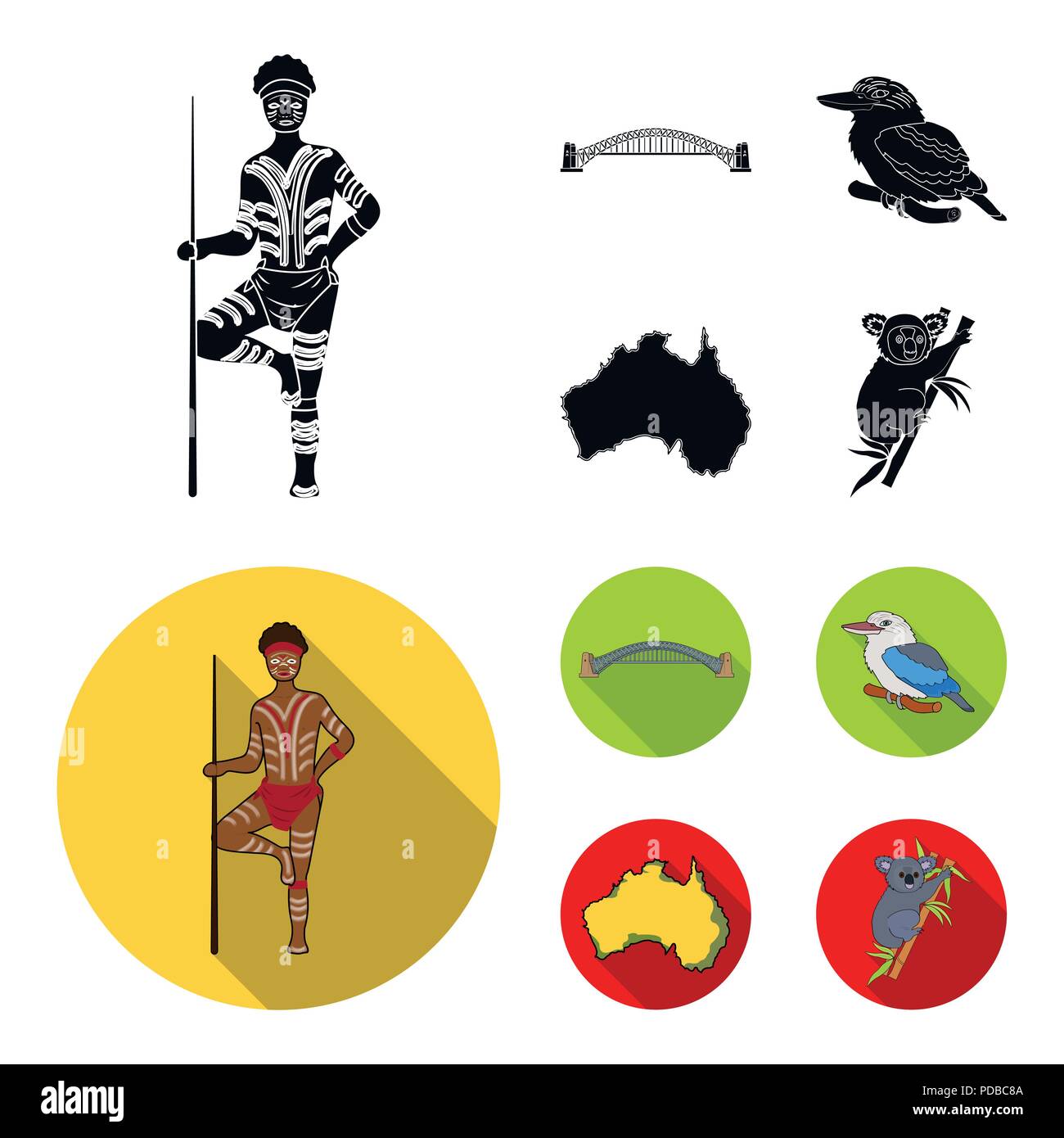 Avec une lance, aborigène de Sydney Harbour Bridge, kookabarra sur une branche, le territoire du pays.L'Australie en passe d'icônes collection en noir, style plat Illustration de Vecteur