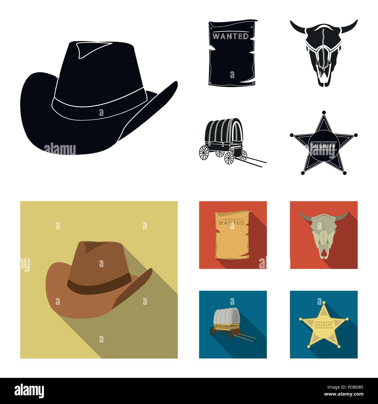 Chapeau de Cowboy, est recherché, panier, bull crâne. Wild West collection  set icônes en noir, style plat symbole vecteur illustration de stock Image  Vectorielle Stock - Alamy