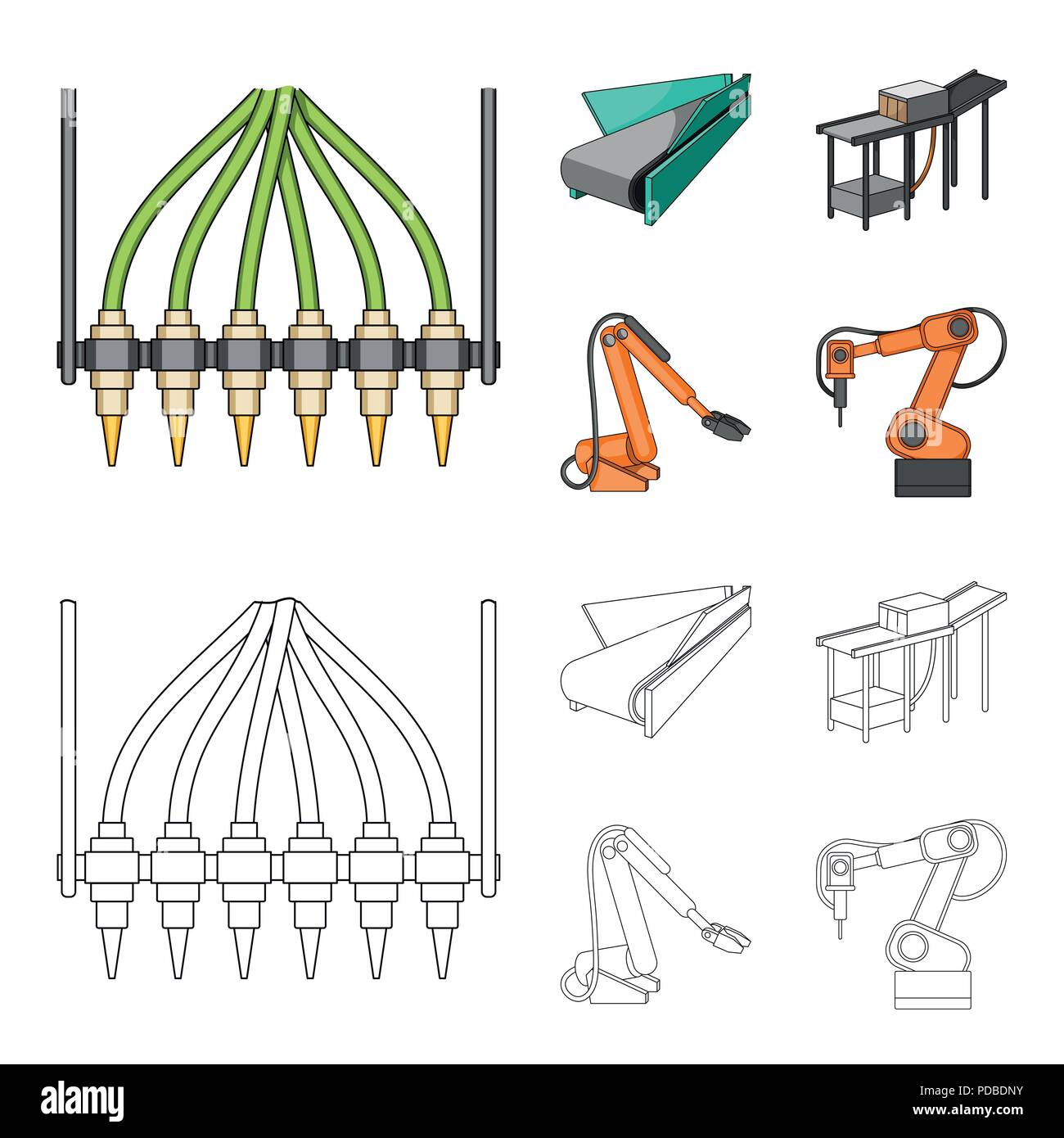 L'équipement moderne et autre icône de style cartoon,contours.machine outils et l'équipement de l'ensemble des icônes d'usine collection. Illustration de Vecteur