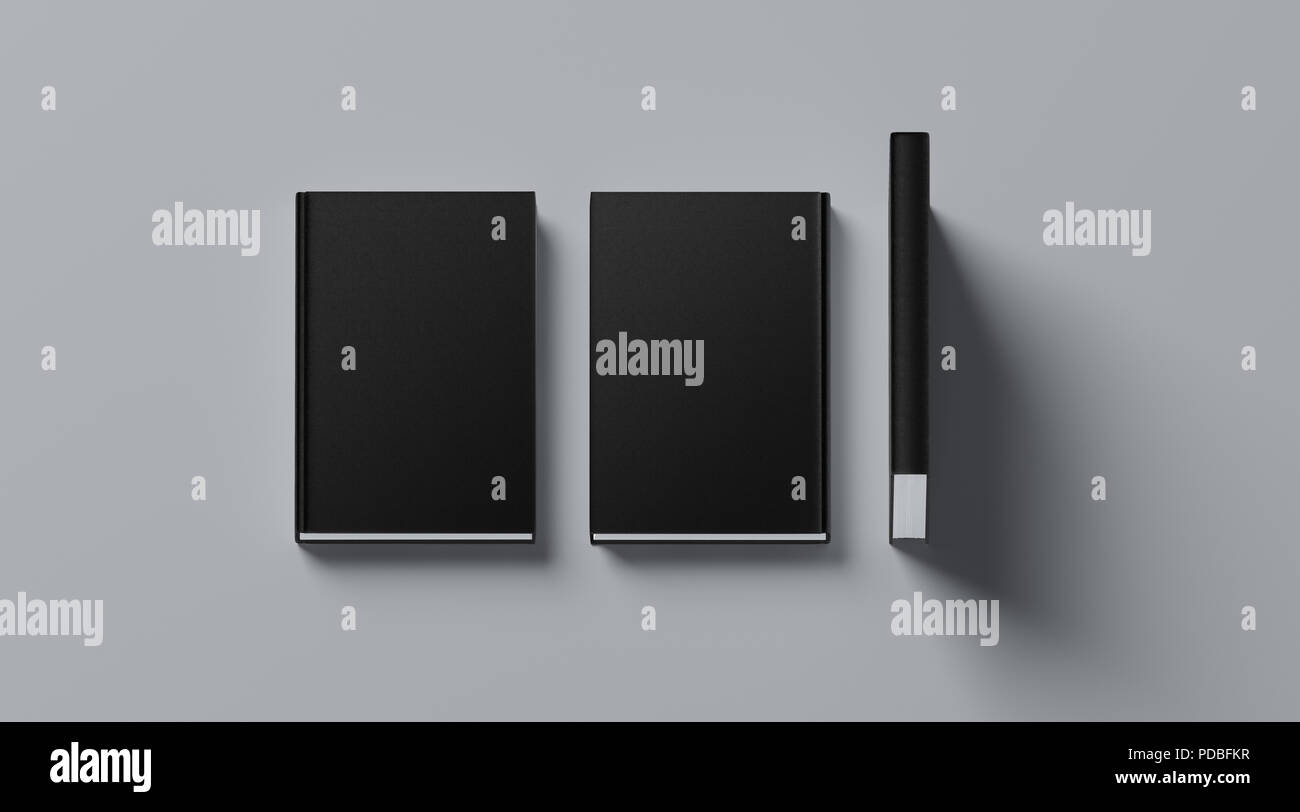 Tissulaire vide noir de livre, des maquettes, de la colonne vertébrale avant et arrière, en 3d le rendu. Couverture rigide de l'ordinateur portable vide maquettes, isolé. Modèle de marque de la librairie. Manuel ordinaire avec liaison claire. Banque D'Images