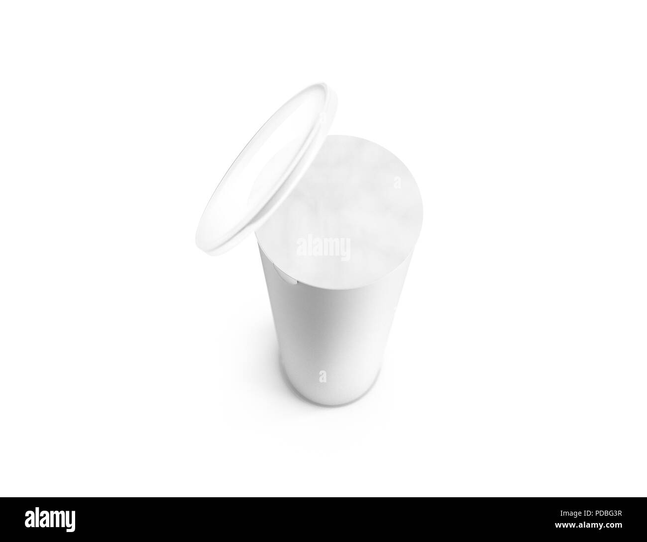 Carton blanc et vide la boîte de culasse, la maquette vue de dessus, l'effet de profondeur de champ, rendu 3d. Tube cylindrique contenant avec couvercle en plastique a ouvert des maquettes. Plaquettes et des emballages en carton cap modèle. Banque D'Images