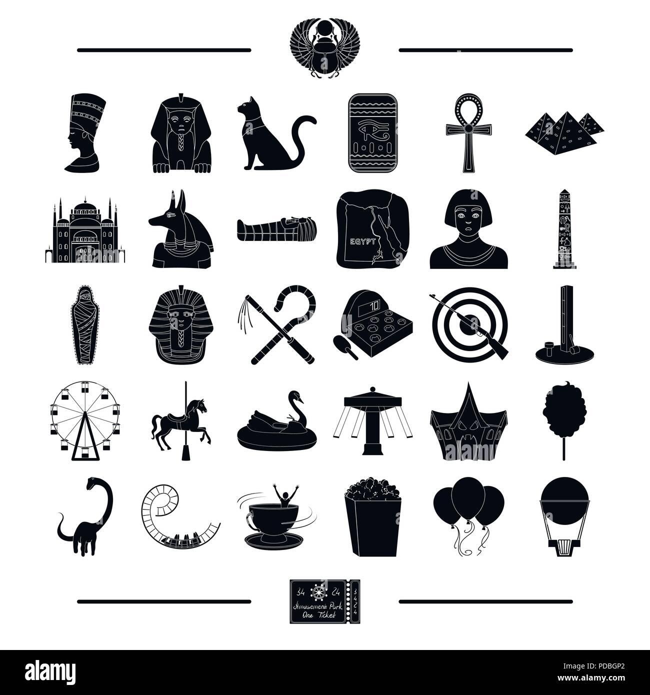 L'architecture, l'histoire du cirque, et autre icône de style noir.pass, tourisme, divertissement, icônes de la collection ensemble. Illustration de Vecteur