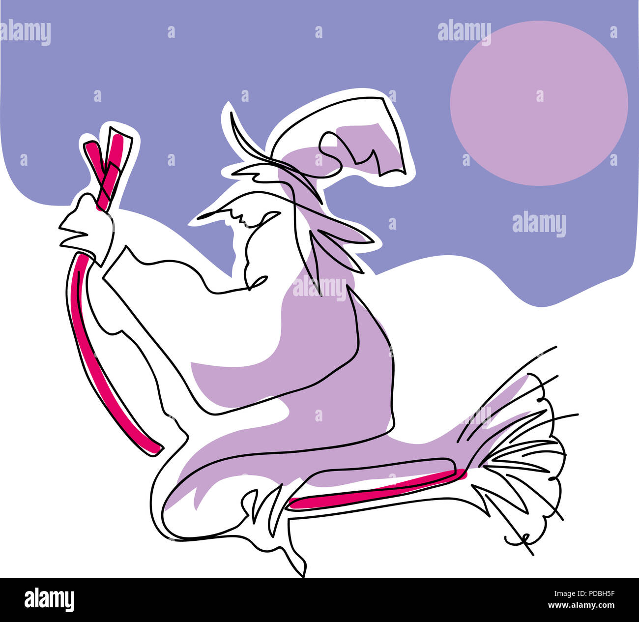 Sorcière et son balai. Sorcière volant sur son balai magique. Ligne simple dessin de sorcière