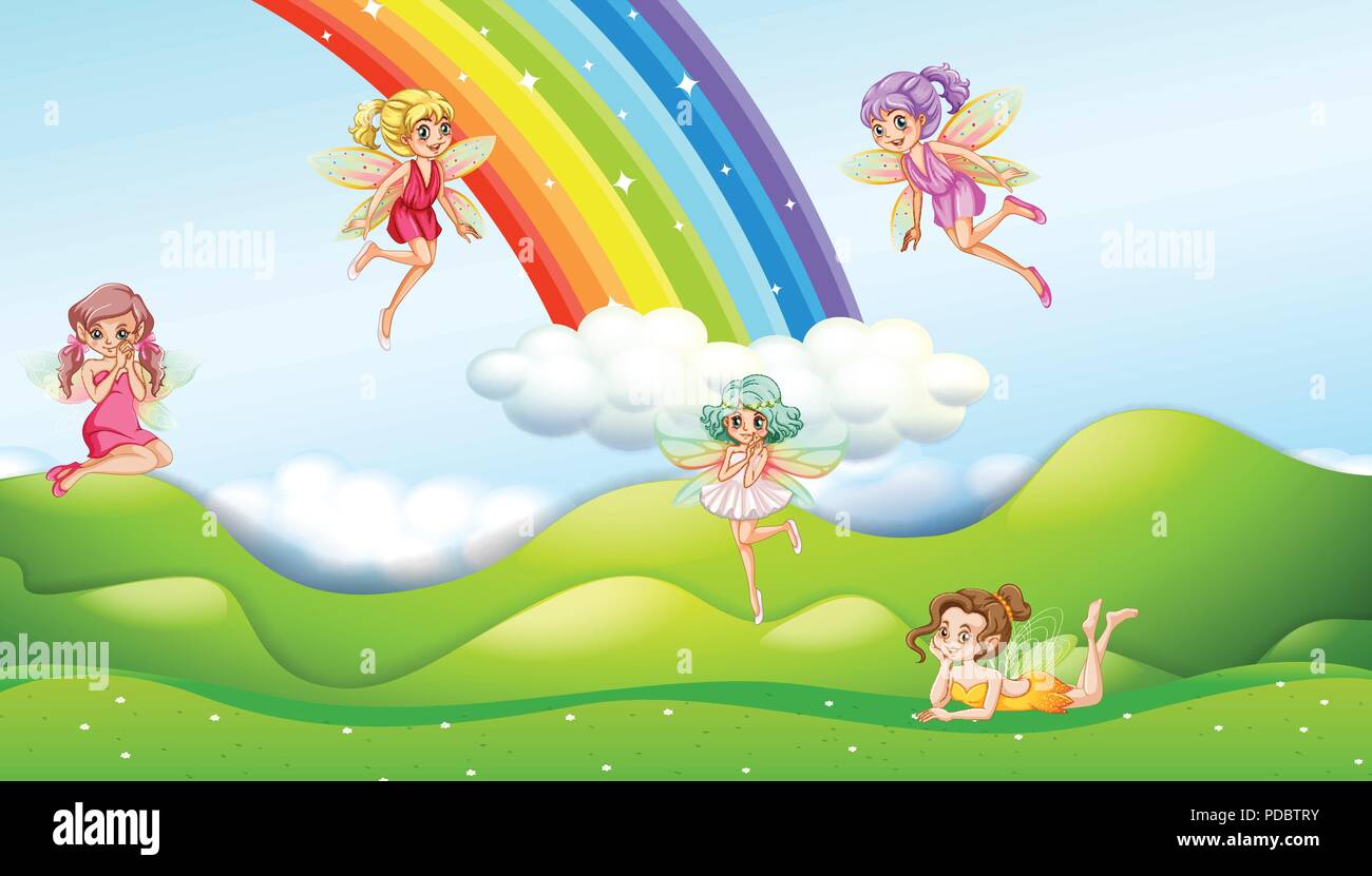 Fées avec illustration scène arc-en-ciel Illustration de Vecteur