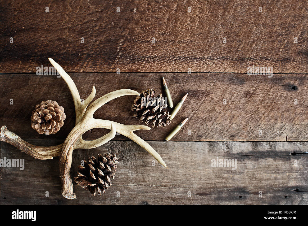 Bois de cerf de virginie réel utilisé par les chasseurs lors de la chasse pour réveiller dans d'autres grandes d'argent sur une table en bois rustique avec des pommes de pin et elle carabine .308 Banque D'Images