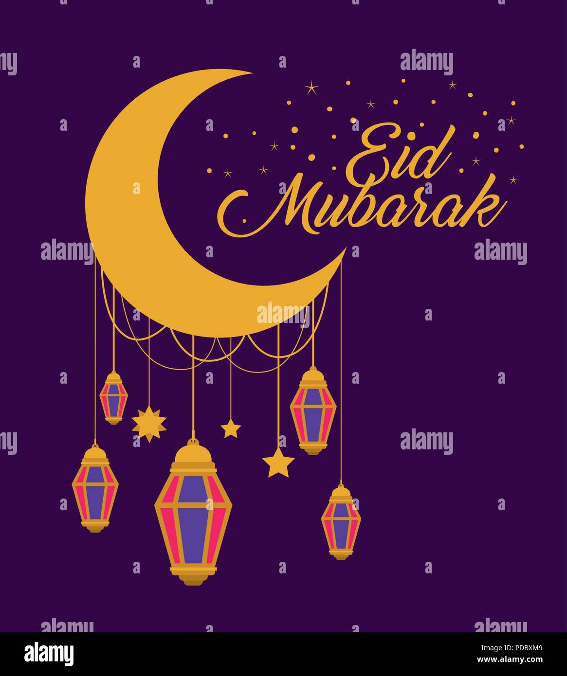 Carte Eid Mubarak Avec Lune Et Lanternes Image Vectorielle Stock Alamy