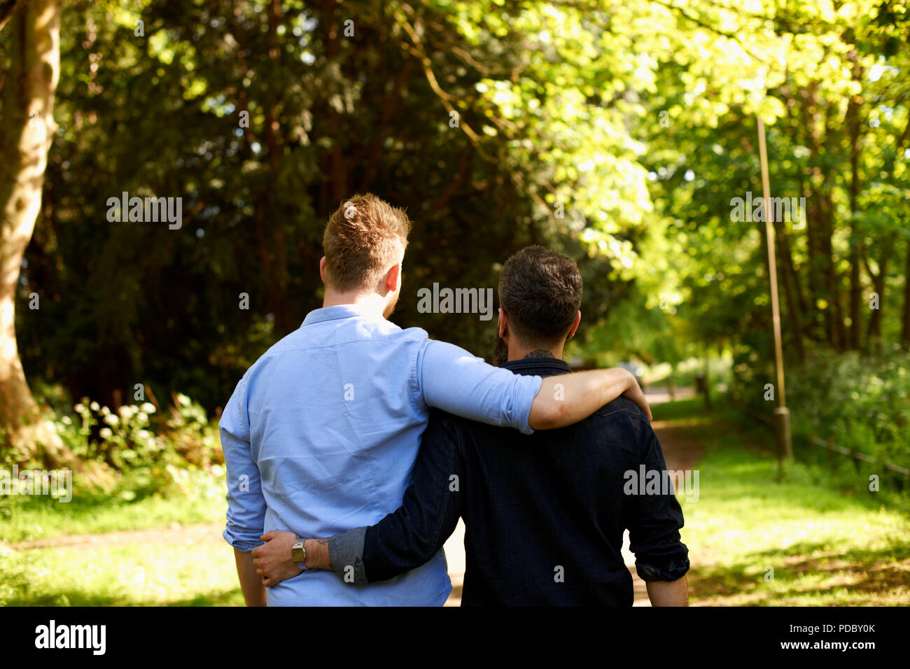 Homme affectueux gay couple hugging, randonnée pédestre à sunny park Banque D'Images