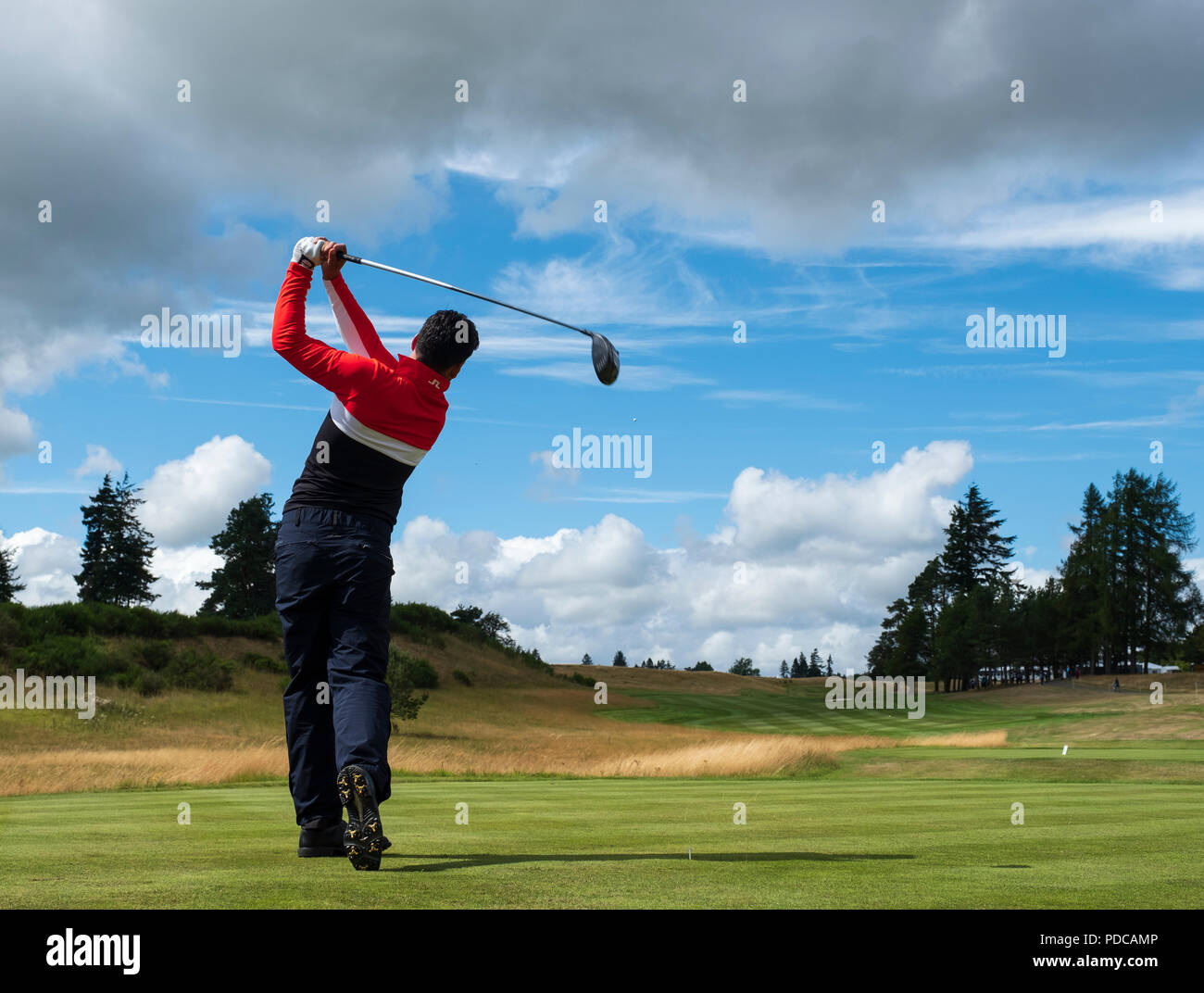 Gleneagles, Écosse, Royaume-Uni ; 8 août 2018. European Championships 2018. Le premier jour de compétition de golf à Gleneagles..Men's and Women's Team Championships Round Robin Phase groupe - 1er tour. Quatre Match Play Ball format. Lee Slattery de Grande-bretagne 1 tees off au 18e trou. Match contre l'Espagne 2 a été réduit de moitié. Credit : Iain Masterton/Alamy Live News Banque D'Images