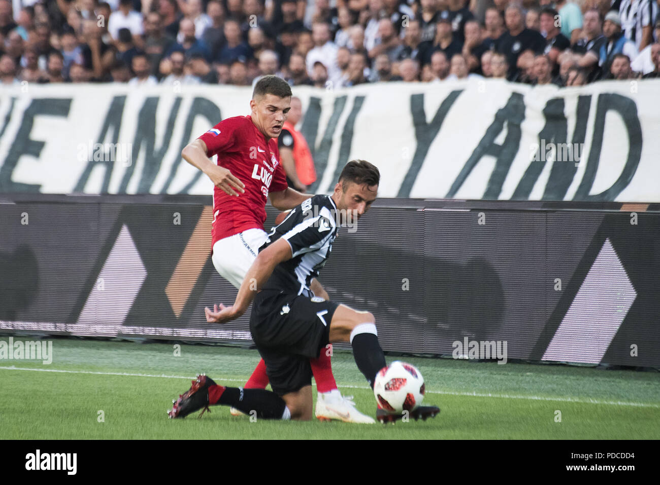 Thessalonique, Grèce. 8e août 2018. PAOK FC Spartak Moscou FC a battu pour le troisième tour de qualification de la Ligue des Champions, au nord de la ville grecque de Thessalonique. Credit : Giannis Papanikos/ZUMA/Alamy Fil Live News Banque D'Images