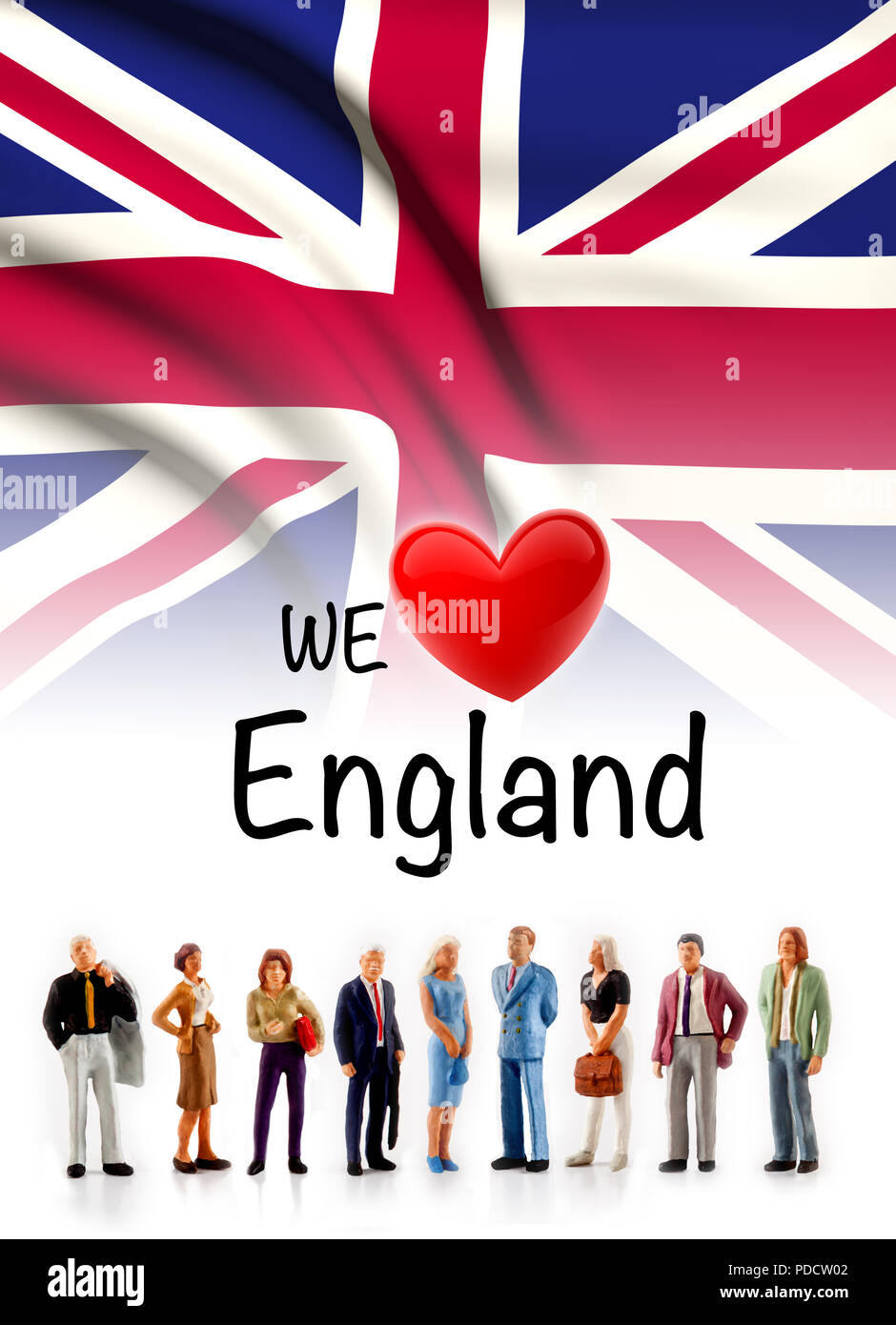 Nous aimons l'Angleterre, un groupe de gens posent à côté du drapeau anglais Banque D'Images