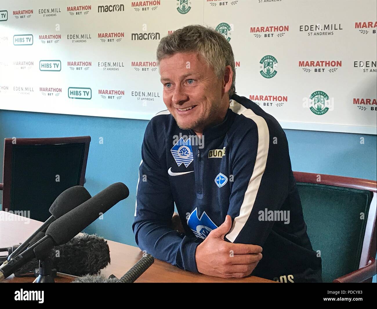 Ole Gunnar Solskjaer Molde manager au cours d'une conférence de presse à Easter Road, Édimbourg, en avant de l'Europa League match contre Hibernian jeudi. Banque D'Images