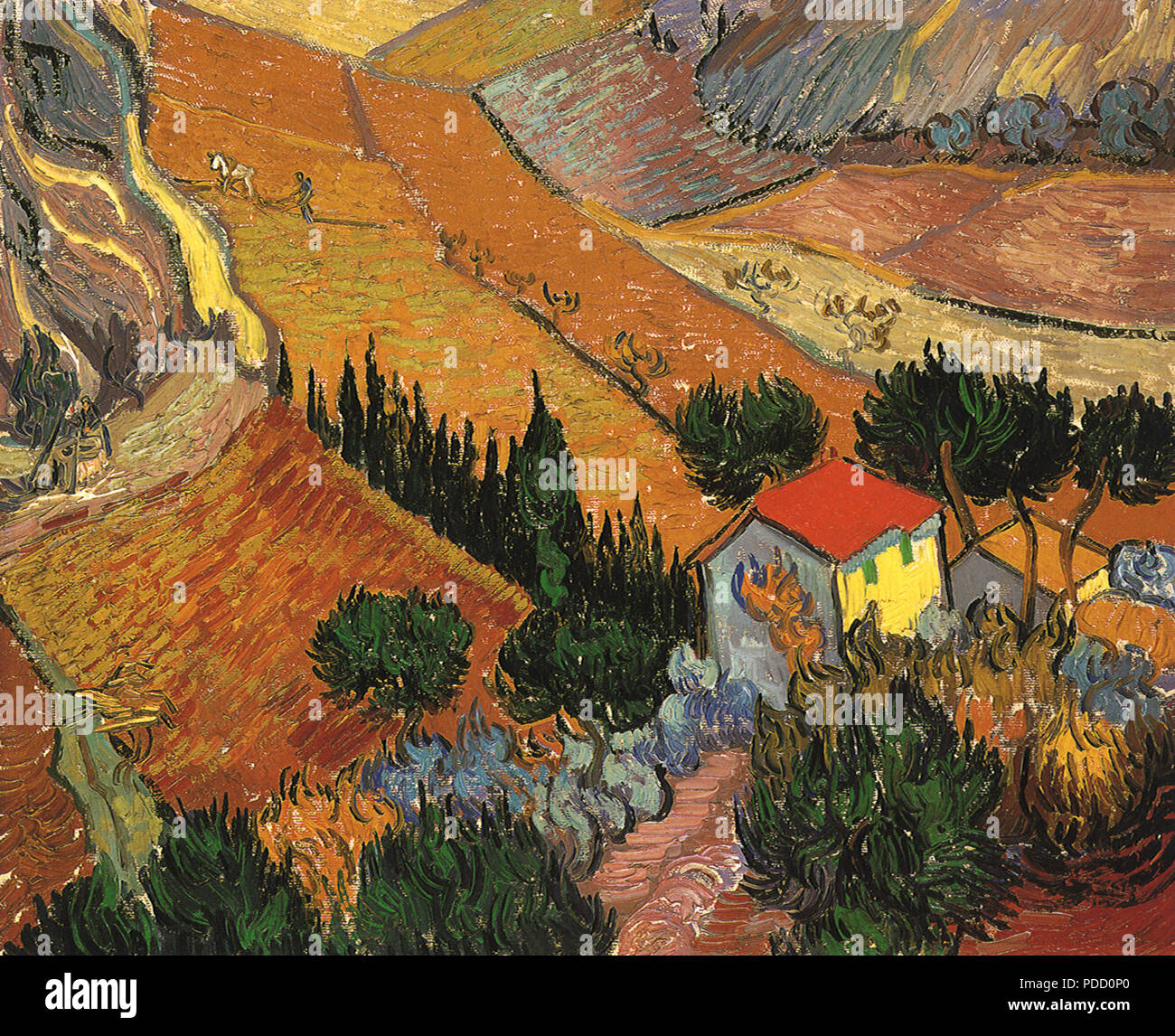 Paysage avec maison et Plowman, Van Gogh, Vincent Willem, 1889. Banque D'Images