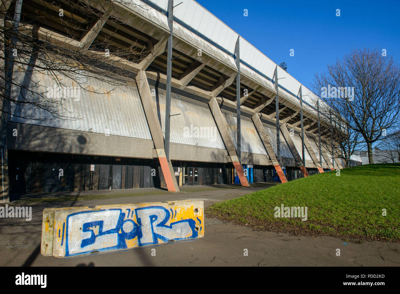 Les arbres à l'extérieur du stade de Meadowbank, qui devrait avoir des signes sur eux en disant : sauver les arbres, ils doivent être abattus dans le cadre de l'redevlopment Banque D'Images