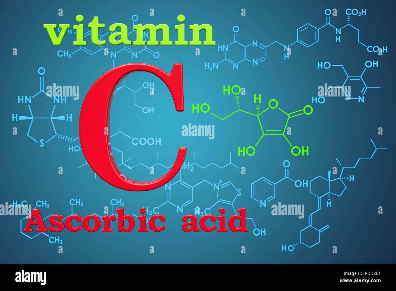 La vitamine C, acide ascorbique. Formule chimique, structure moléculaire. Le rendu 3D Banque D'Images