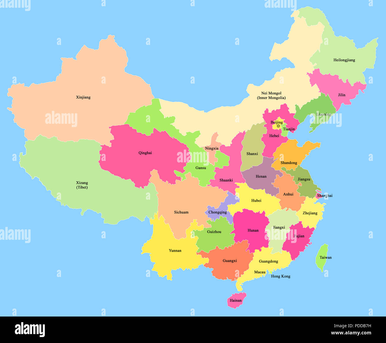 Carte de Chine avec montrant les provinces, régions autonomes et municipalités, avec un chemin de détourage, isolé sur un fond bleu Banque D'Images